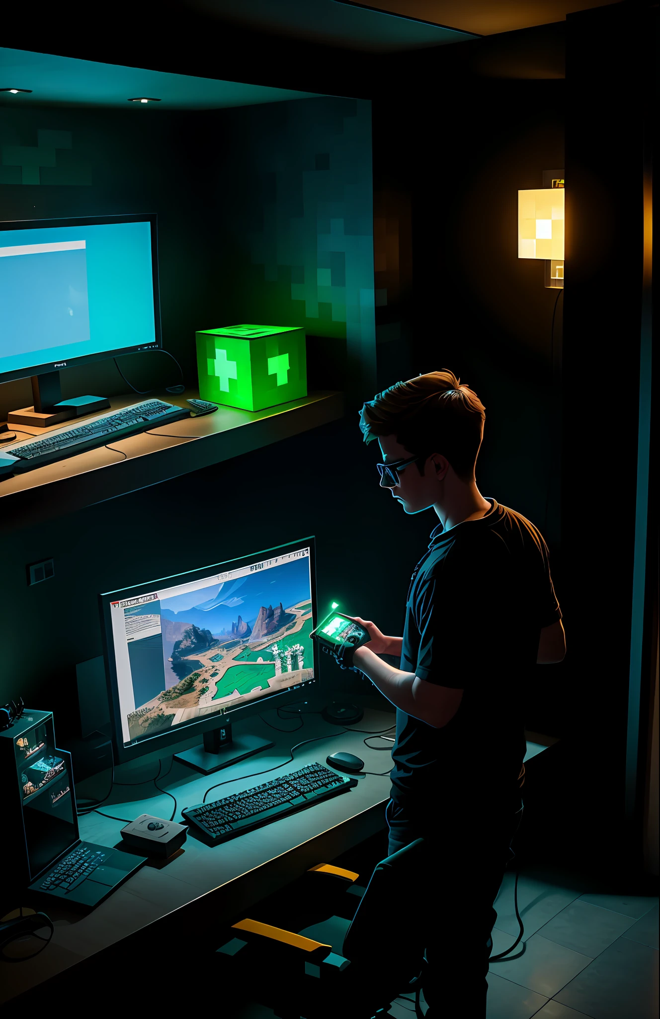 A nerdy boy is playing Minecraft in front of a computer in a room full of gadgets, dramatic lighting, very detailed, amazing quality