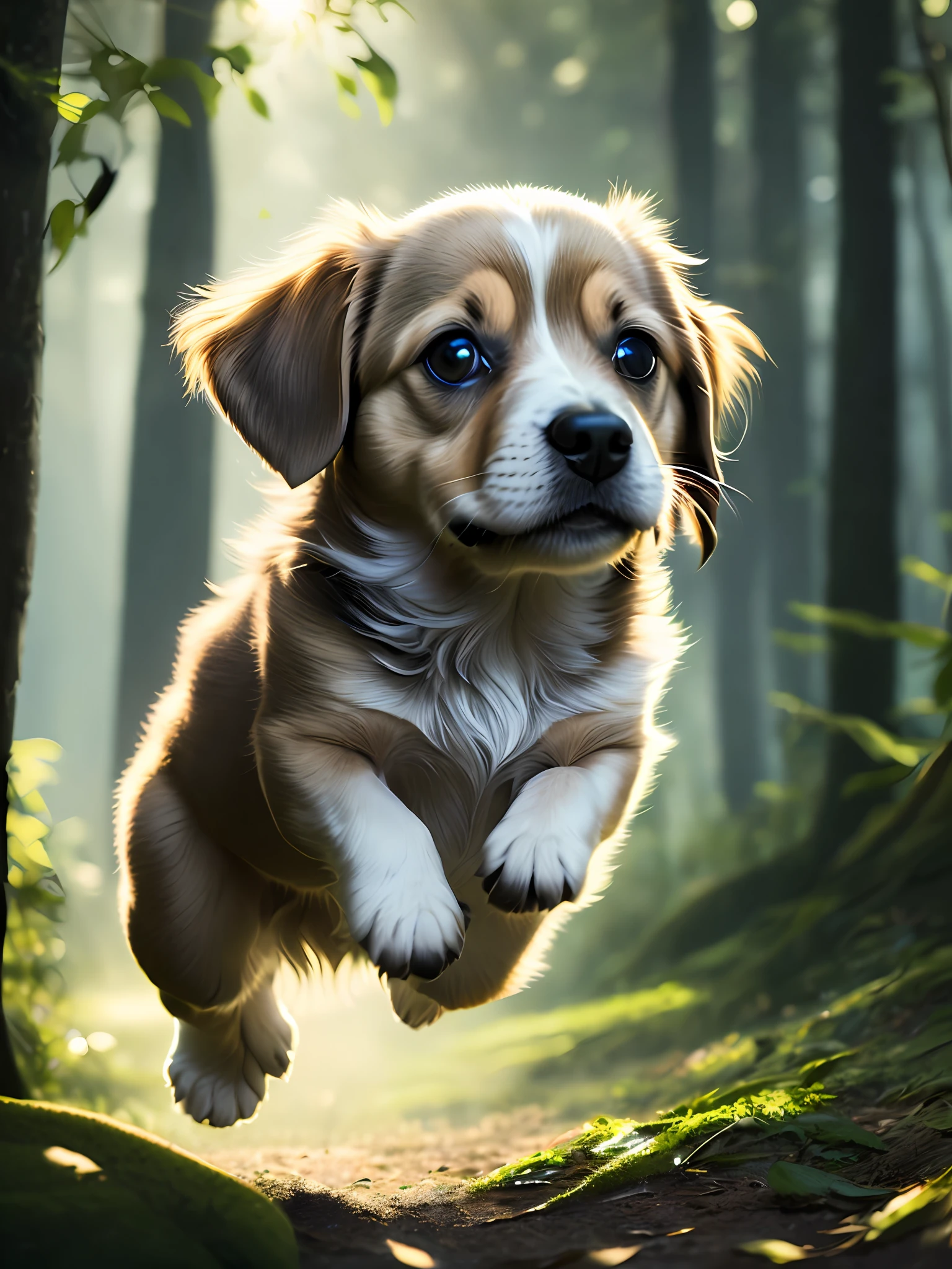 Close-up of a very cute jumping puppy in the forest, soft volumetric light, (backlight: 1.3), (movie: 1.2), intricate details, (ArtStation: 1.3), Rutkowski