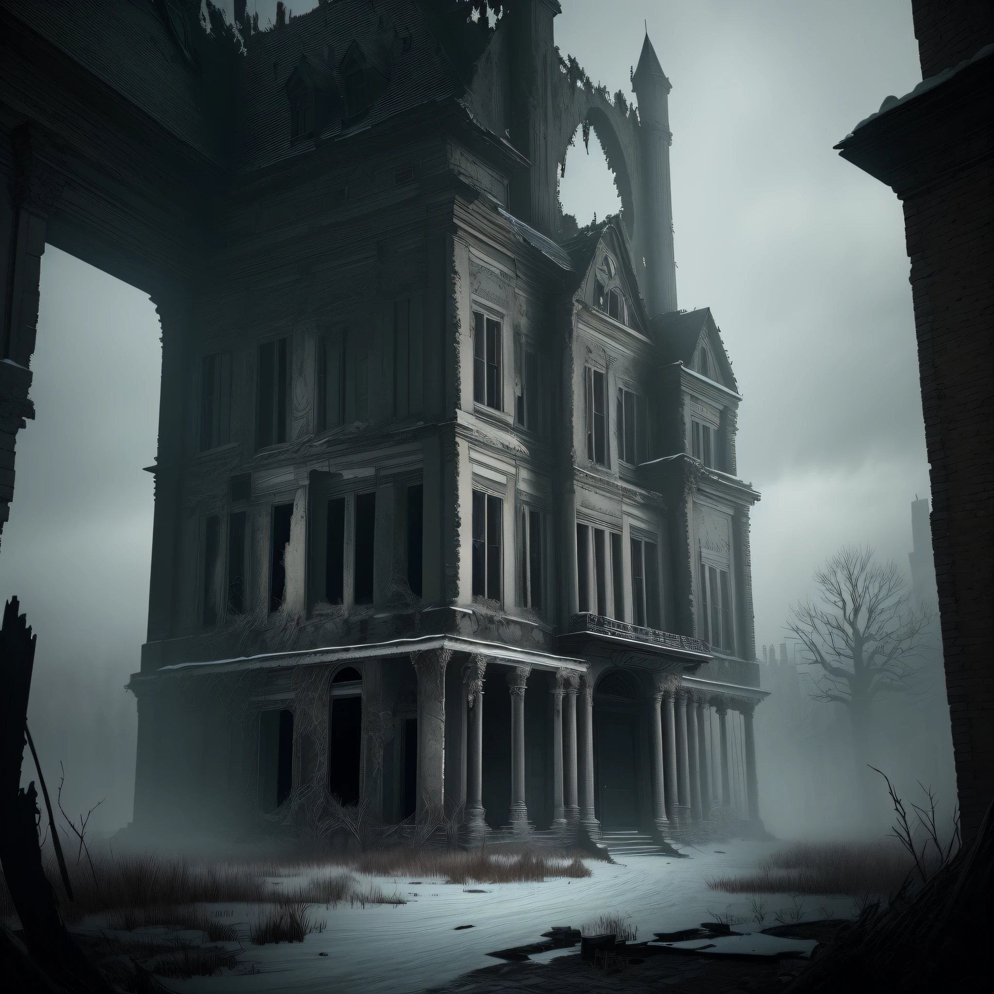 Sinister and abandoned mansion, plunged into darkness. Broken windows groan in the icy wind. Shadows dance across the weathered walls. Hidden mysteries and haunting secrets await the brave. A place where fear is your only companion.