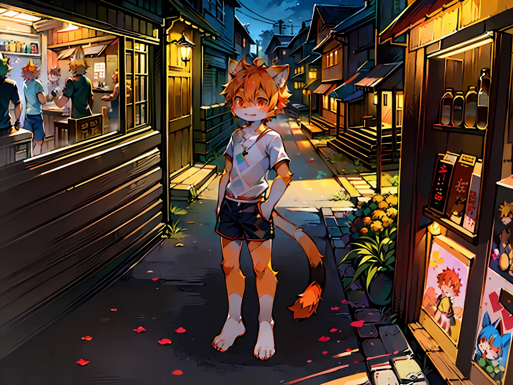 (Bright environment: 1.4), masterpiece, high quality, abstract res, digital painting\artwork\, by dagasi, yupa, kiyosan, (anthro, fluffy fur, character focus: 1.1), anthro male cat, short hair, portrait , bright eyes, panorama, character focus. (Detailed background: 0.9), Solo, Multiple, Furry, Furry Male, Male Focus, Anthr, (Full body fur, Fluffy tail, yellow-orange tail, Yellow fur, Red eyes, Orange hair: 1.5), (Long feline, youth, shorts: 1.2), (Sunny, street, shorts,: 1.1)
