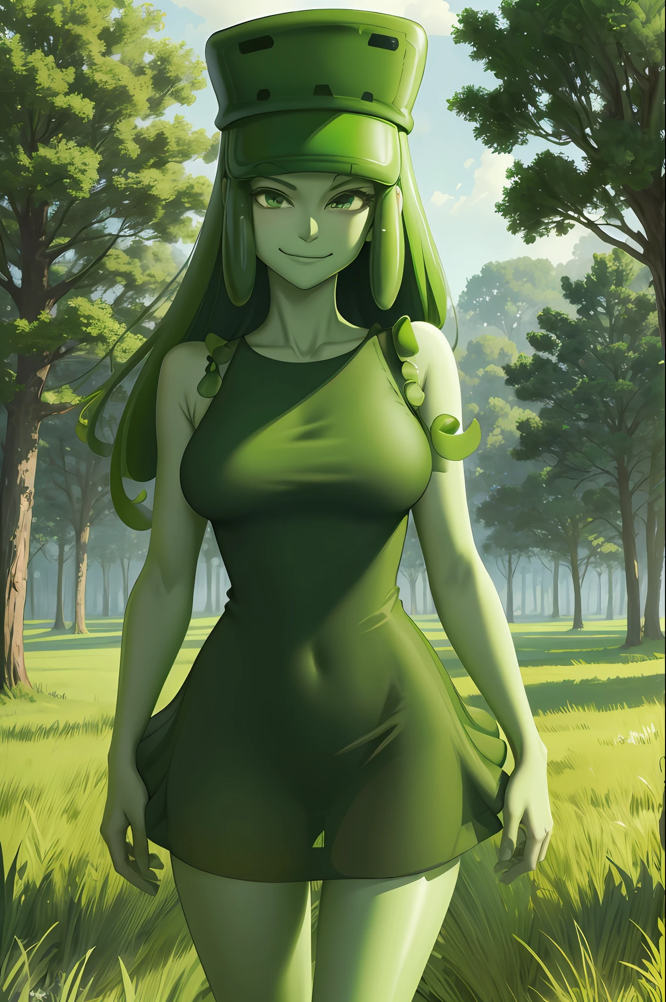 masterpiece, best quality, slim3, green skin, slime girl, green hat, green dress, big breasts,standing, embarrassed, grass, trees, field, smile, furrowed brow