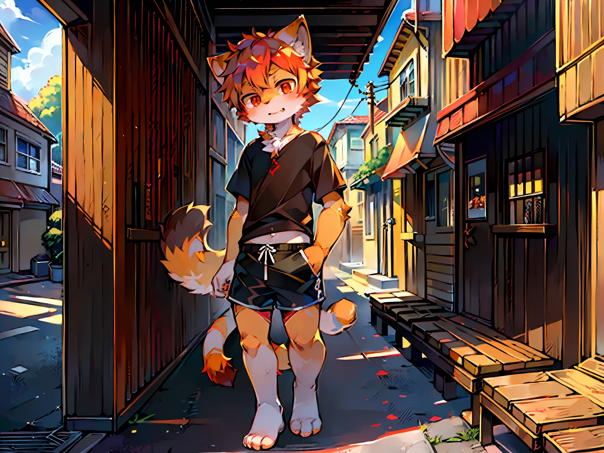 (Bright environment: 1.4), masterpiece, high quality, abstract res, digital painting\artwork\, by dagasi, yupa, kiyosan, (anthro, fluffy fur, character focus: 1.1), anthro male cat, short hair, portrait , bright eyes, panorama, character focus. (Detailed background: 0.9), Solo, Multiple, Furry, Furry Male, Male Focus, Anthr, (Full body fur, Fluffy tail, yellow-orange tail, Yellow fur, Red eyes, Orange hair: 1.5), (Long feline, youth, shorts: 1.2), (Sunny, street, shorts,: 1.1)