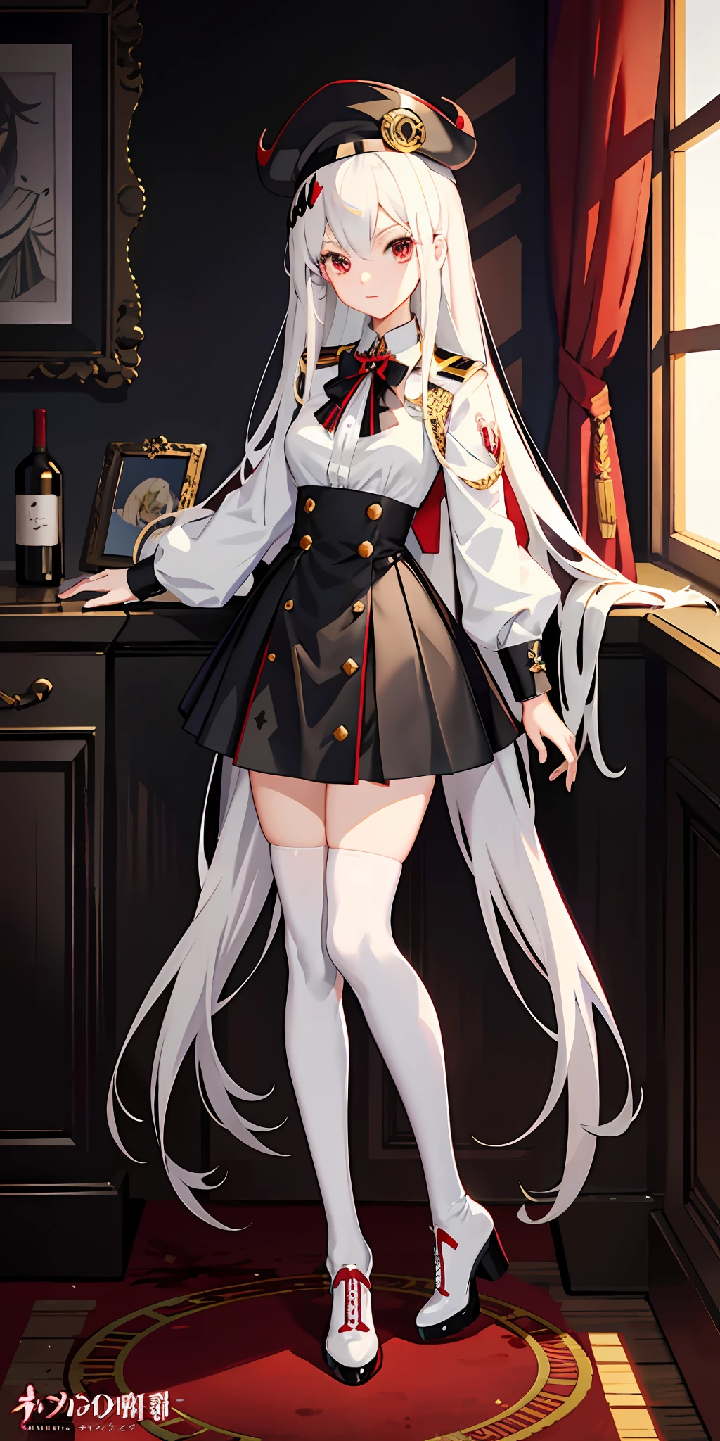 Anime characters wearing uniforms and caps, demon anime girls, vampire girls, anime moe art style, detailed anime character art, white long hair, white shirt, white stockings, high heeled boots, black short skirt ,city ,wine cups, caps ,blood,giantess