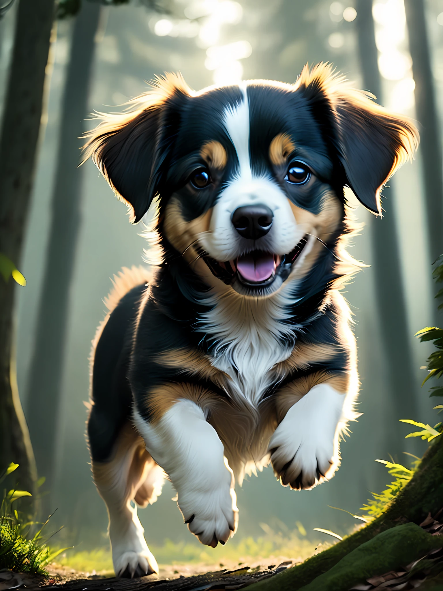 Close-up of a very cute jumping puppy in the forest, soft volumetric light, (backlight: 1.3), (movie: 1.2), intricate details, (ArtStation: 1.3), Rutkowski