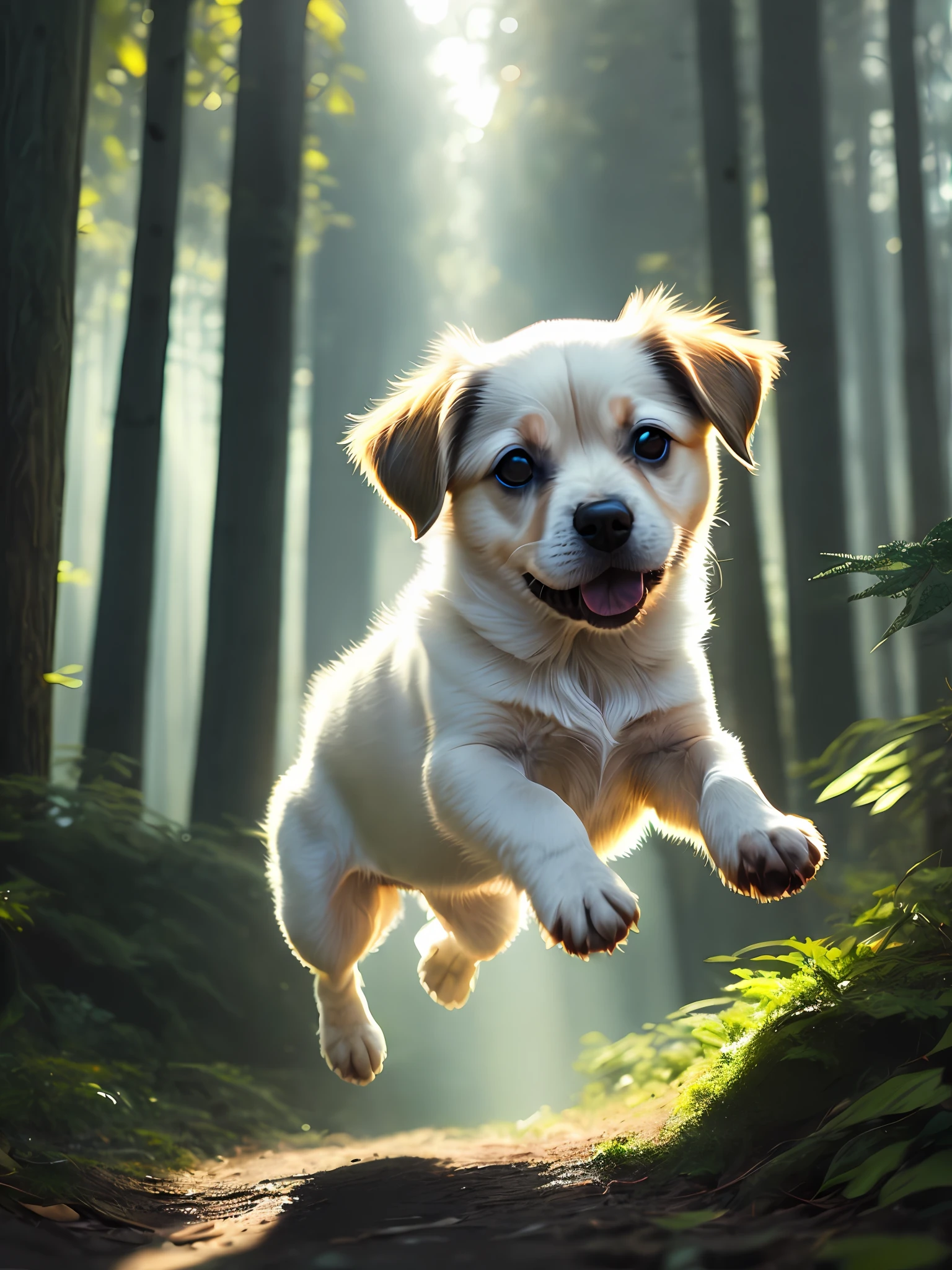 Close-up of a very cute jumping puppy in the forest, soft volumetric light, (backlight: 1.3), (movie: 1.2), intricate details, (ArtStation: 1.3), Rutkowski