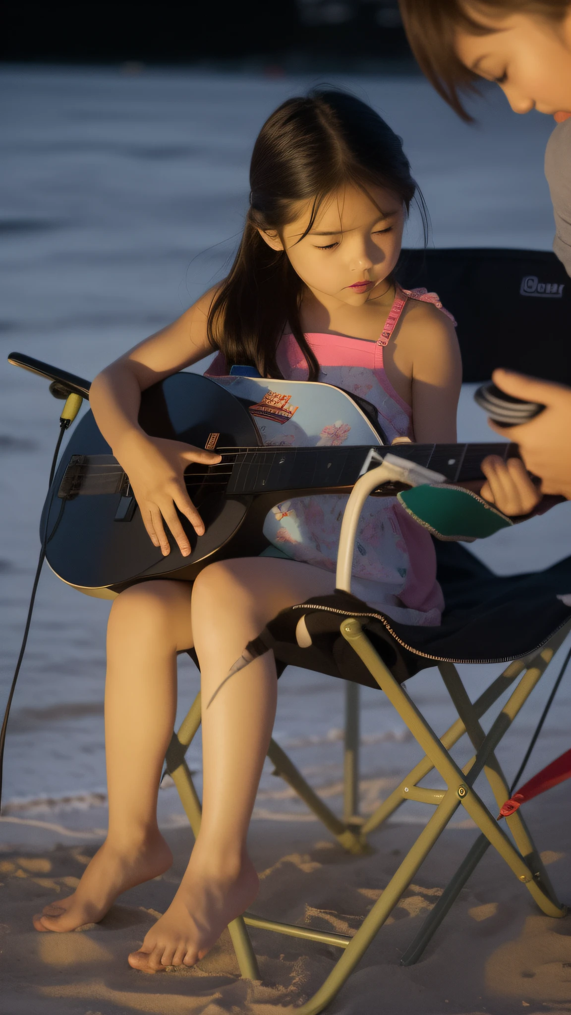 A little girl sitting on a chair playing guitar, sitting on the beach at night, strong details, sitting on the beach, night setting, intense details, dusk setting, on the beach, subtle details, beach at sunset, fine details, low details, perfect details, on the beach, clear details, beach settings, sitting on the beach, subtle details --auto --s2