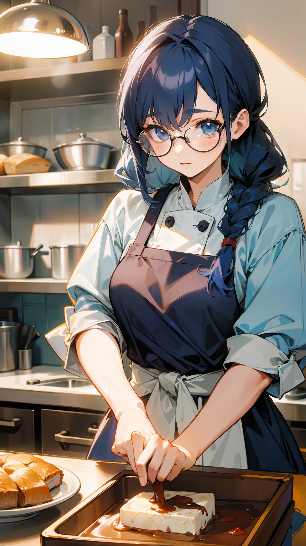 A girl, tied hair, dark blue hair, glasses, chef's dress