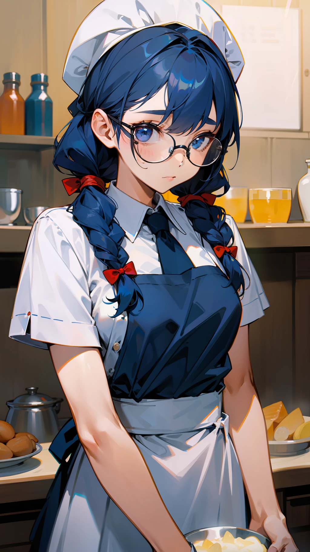 A girl, tied hair, dark blue hair, glasses, chef's dress