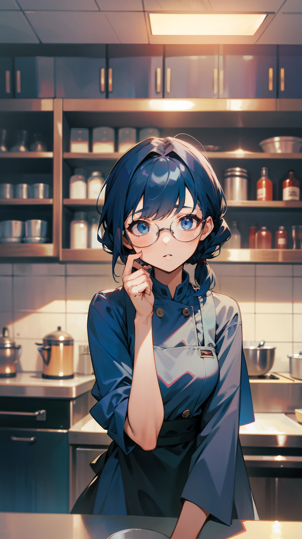 A girl, tied hair, dark blue hair, glasses, chef's dress