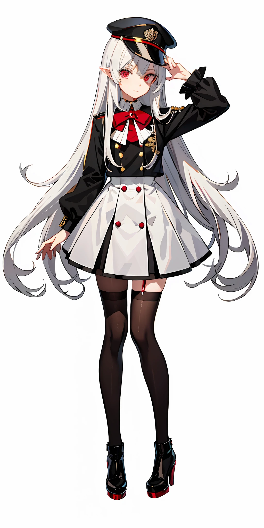Anime characters wearing uniforms and caps, demon anime girls, vampire girls, anime moe art style, detailed anime character art, white long hair, white shirt, black stockings, high heeled boots, black short skirt ,city ,wine cups, caps ,blood