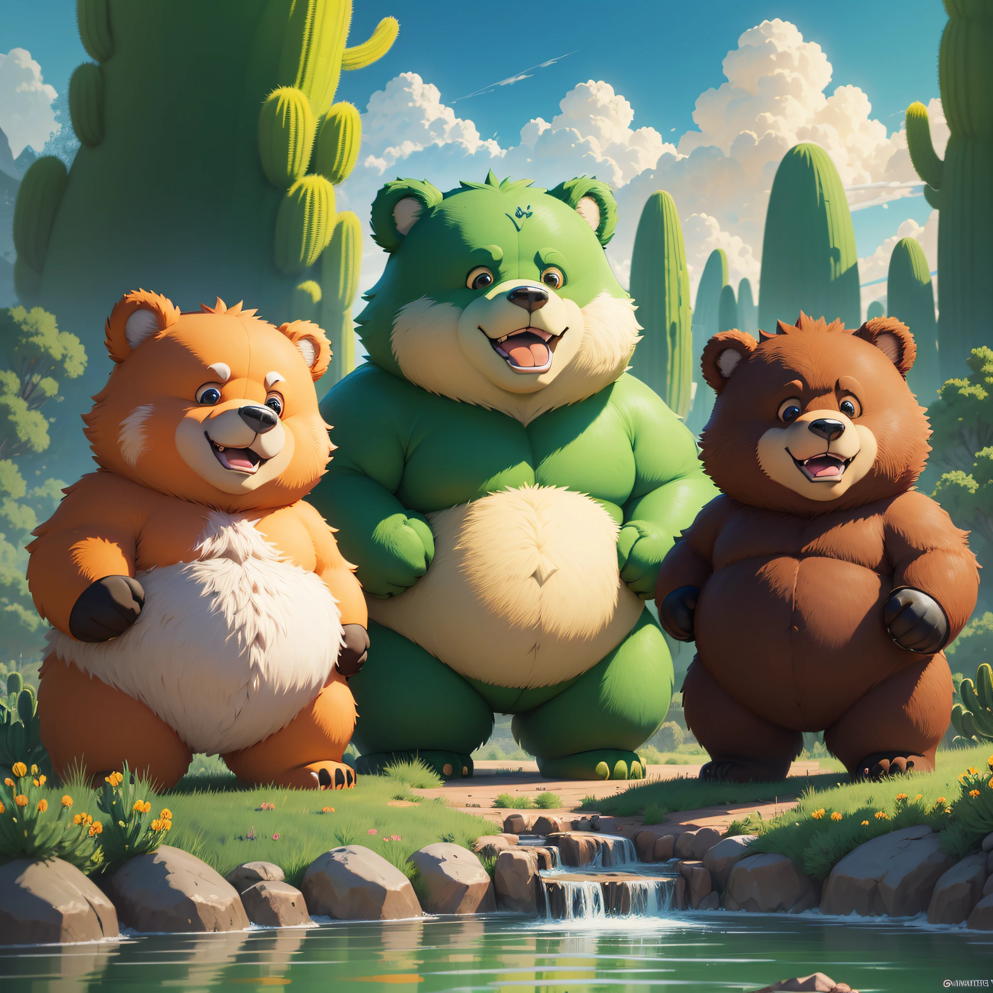 Cartoon Anime Style, RPG, 3 Big Bears, Adult Bears, Brown Bear, Green Bear, Orange Bear, Cute, Fat, Happy, Cactus Landscape, Daylight, Friends, Smile, Cute Bears, Fighters