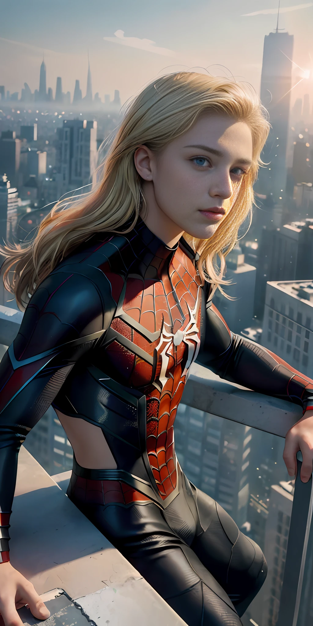 (), Solo, (((Very detailed face)))), ((Very detailed eyes and face)))), Beautiful detail eyes, Body parts__, Official art, 8k unified wallpaper, Super detailed, beautiful and beautiful, beautiful, masterpiece, best quality, original, masterpiece, super thin photo, best quality, super high resolution, realistic realism, sunlight, full body portrait, amazing beauty, dynamic pose, delicate face, vibrant eyes, (from the front), He wears Spider-Man suit, red and black color scheme, spider, very detailed city roof background, roof, with city view, detailed face, detailed complex busy background, messy, gorgeous, milky white, highly detailed skin, realistic skin details, visible pores, clear focus, volumetric mist, 8k uhd, DSLR, high quality, film grain, light skin, photographic realism, lomography, futuristic dystopian megalopolis, translucent