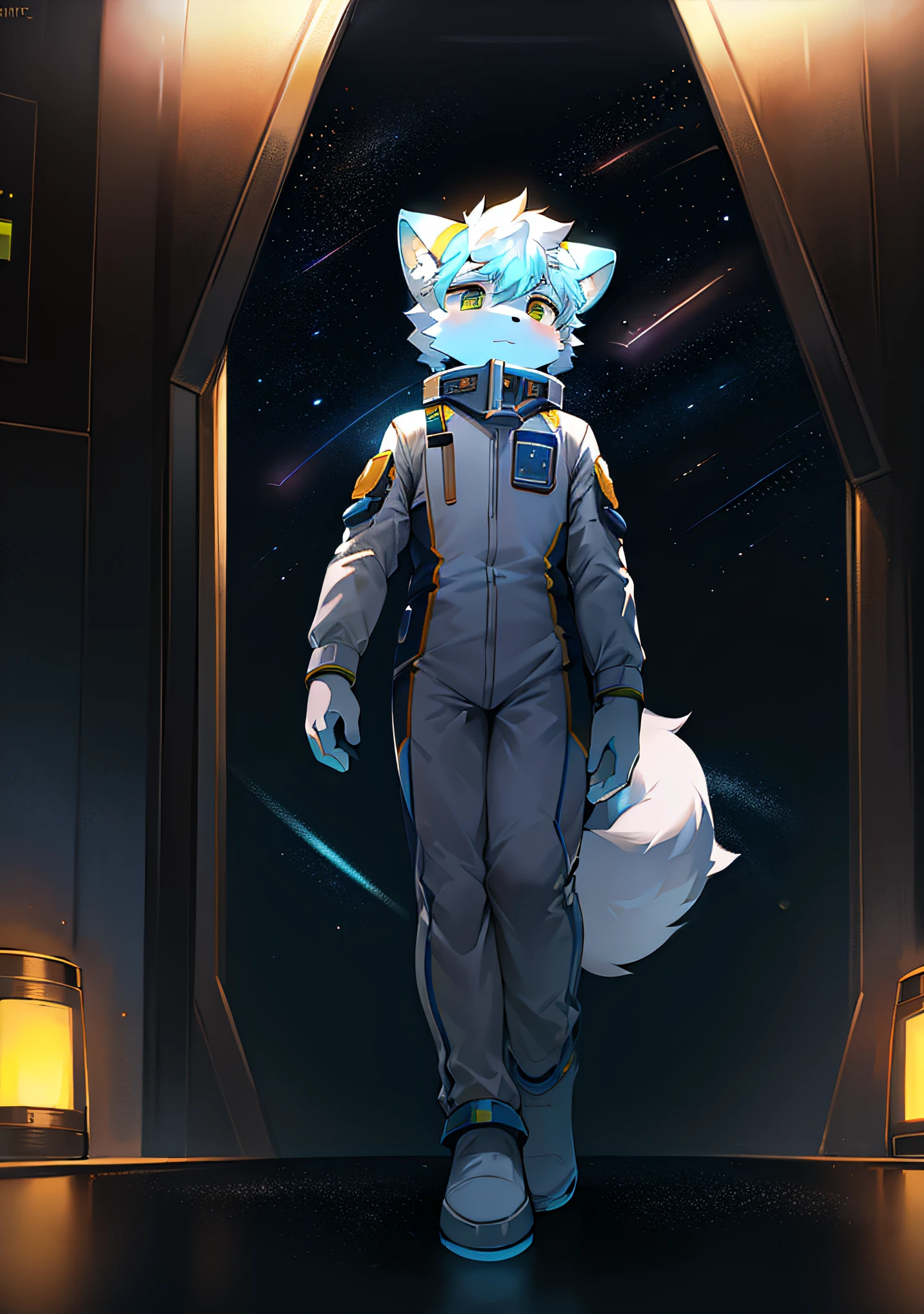 (High image quality, cinematic lighting, ray tracing, ultra-clear) full body, cat-eared boy white shirt, big fluffy wolf tail + long ears, three fur textures white/yellow/blue intertwined, wearing a spacesuit, the future marshal war command uniform sets off the heroic and mysterious temperament, the sunrise is seen outside the space station, and the space station orbits the earth.