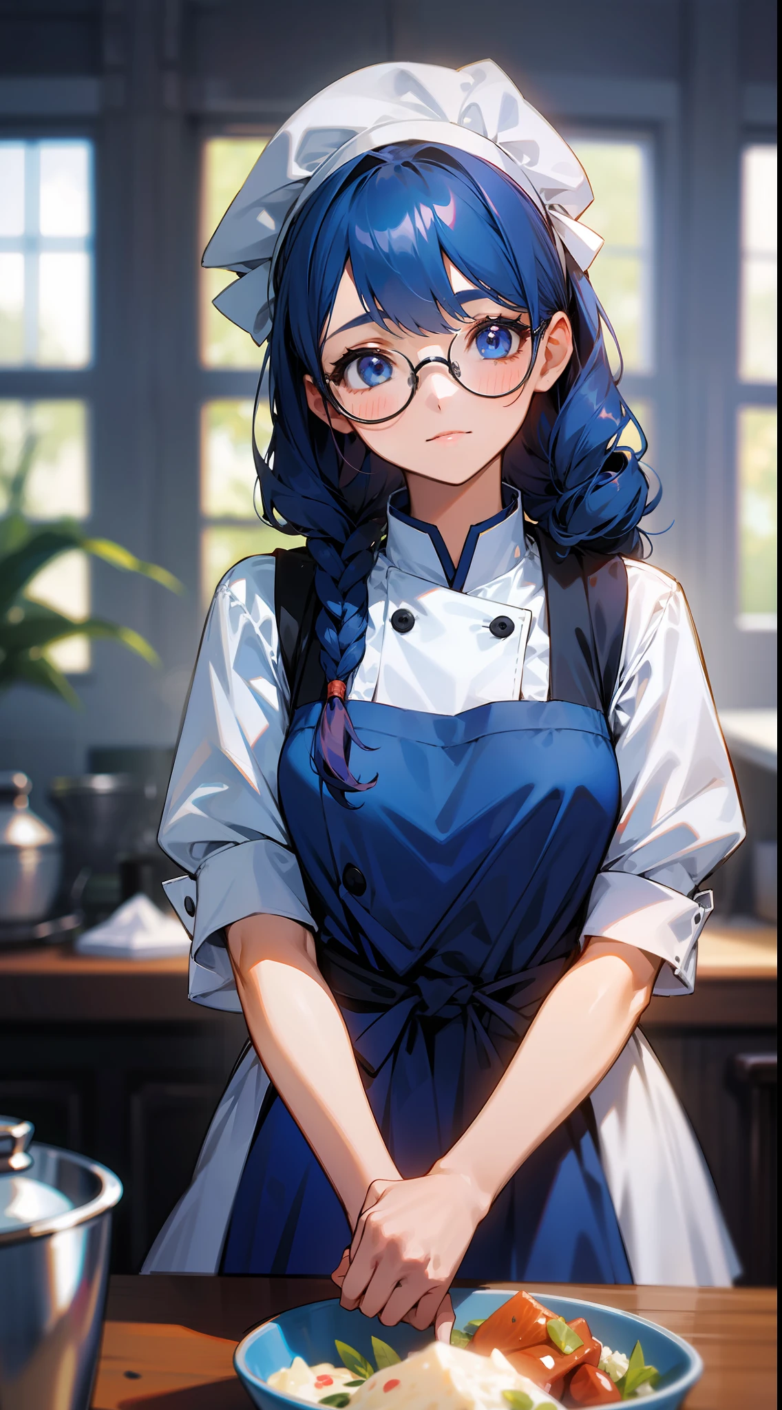 A girl, tied hair, dark blue hair, glasses, chef's dress