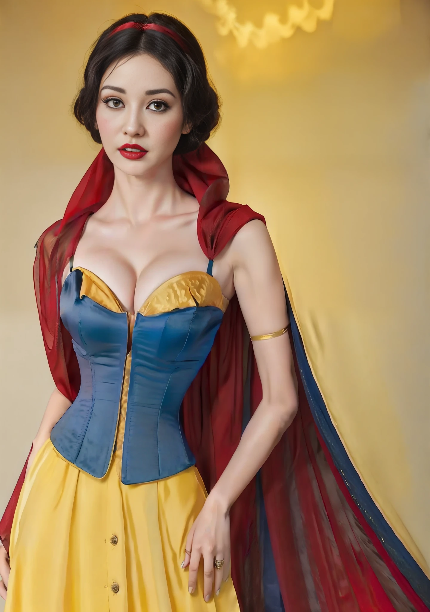 Beautiful middle Eastern model, pale skin, yellow short silk skirt, (masterpiece), photorealistic, blue corset, red silk cape, red lips, large breasts, cleavage, silk gloves