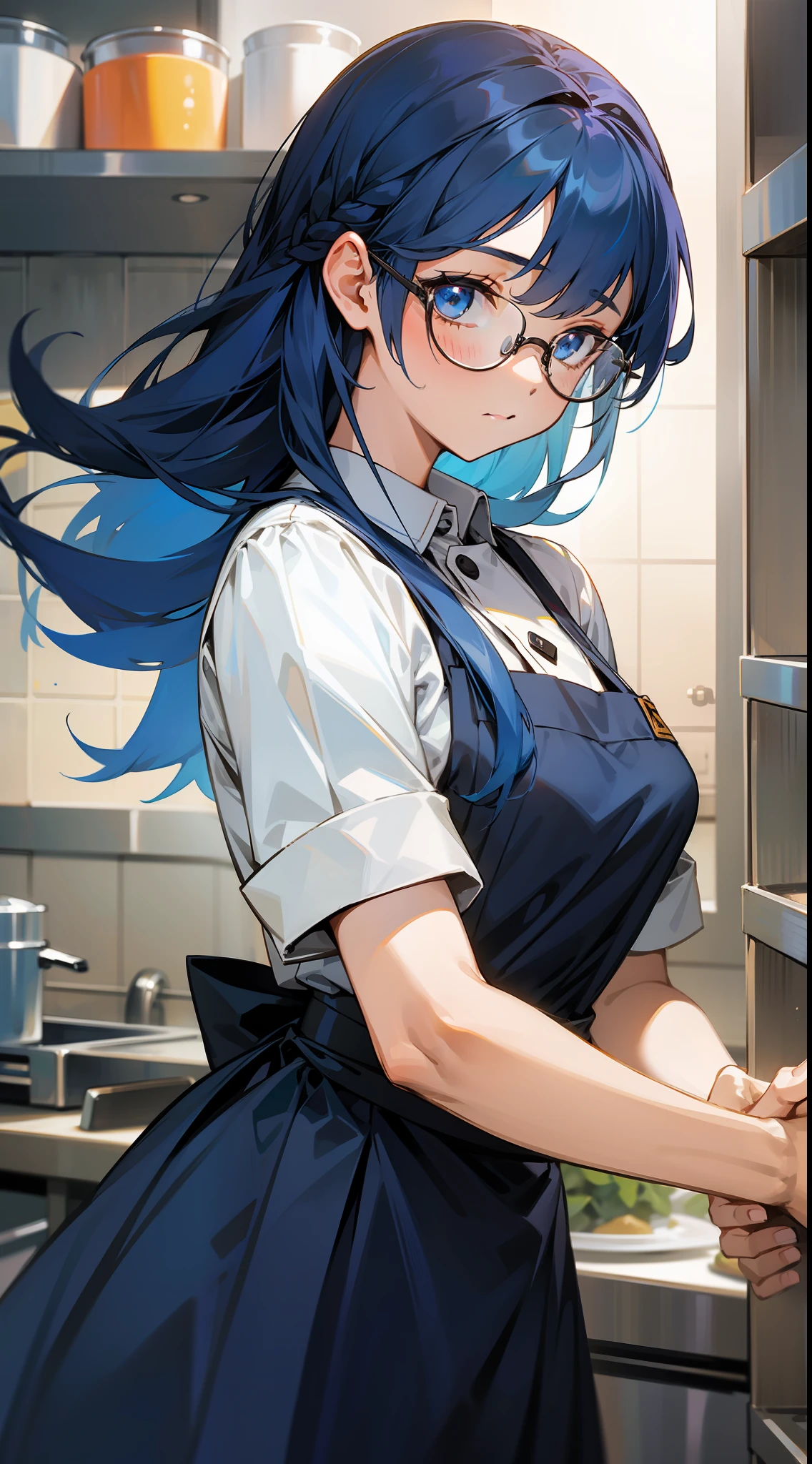 A girl, tied hair, dark blue hair, glasses, chef's dress