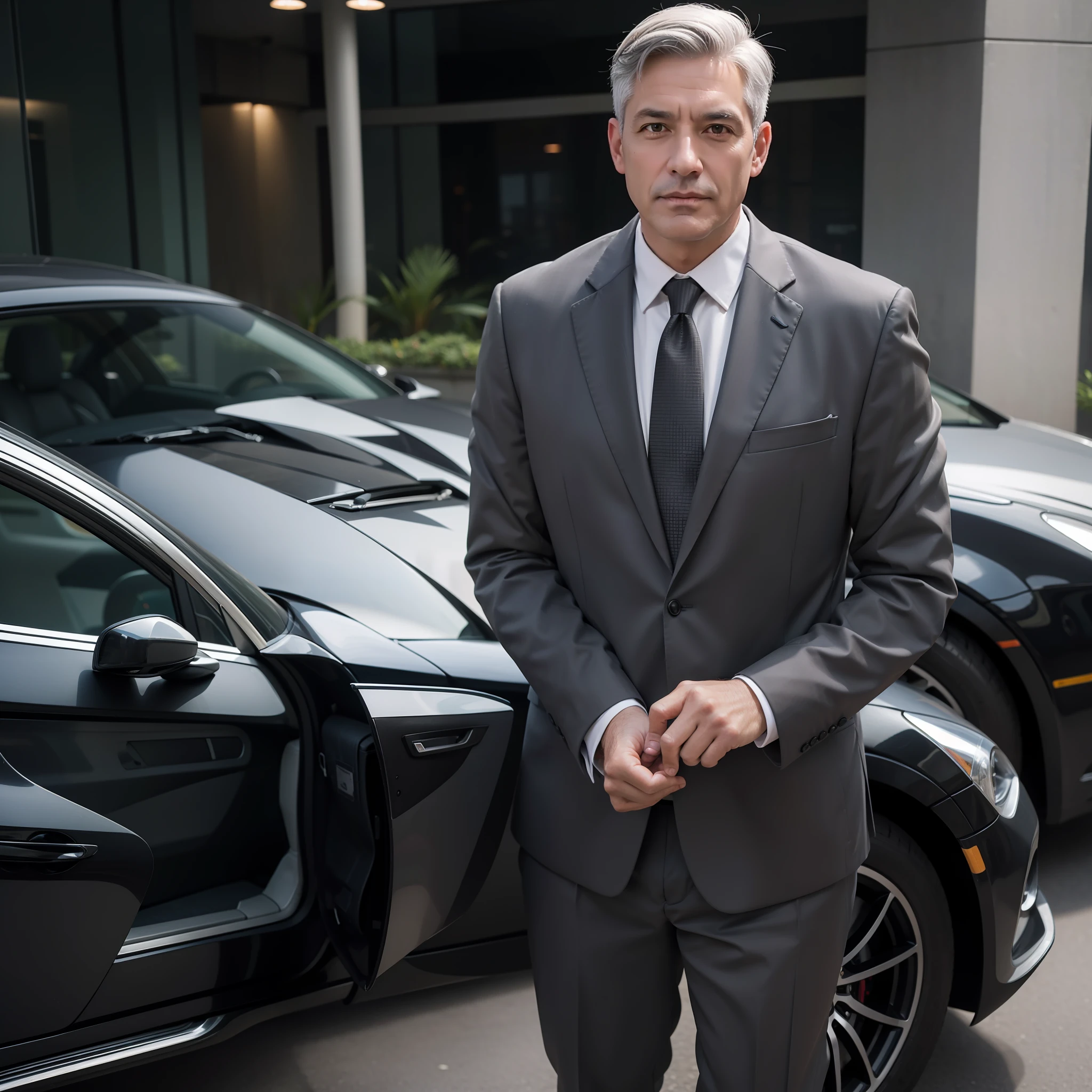 50 year old man, shaved and gray hair, no beard, working as suit security alone, no weapons, more youthful appearance, realistic photo, highly detailed, better quality