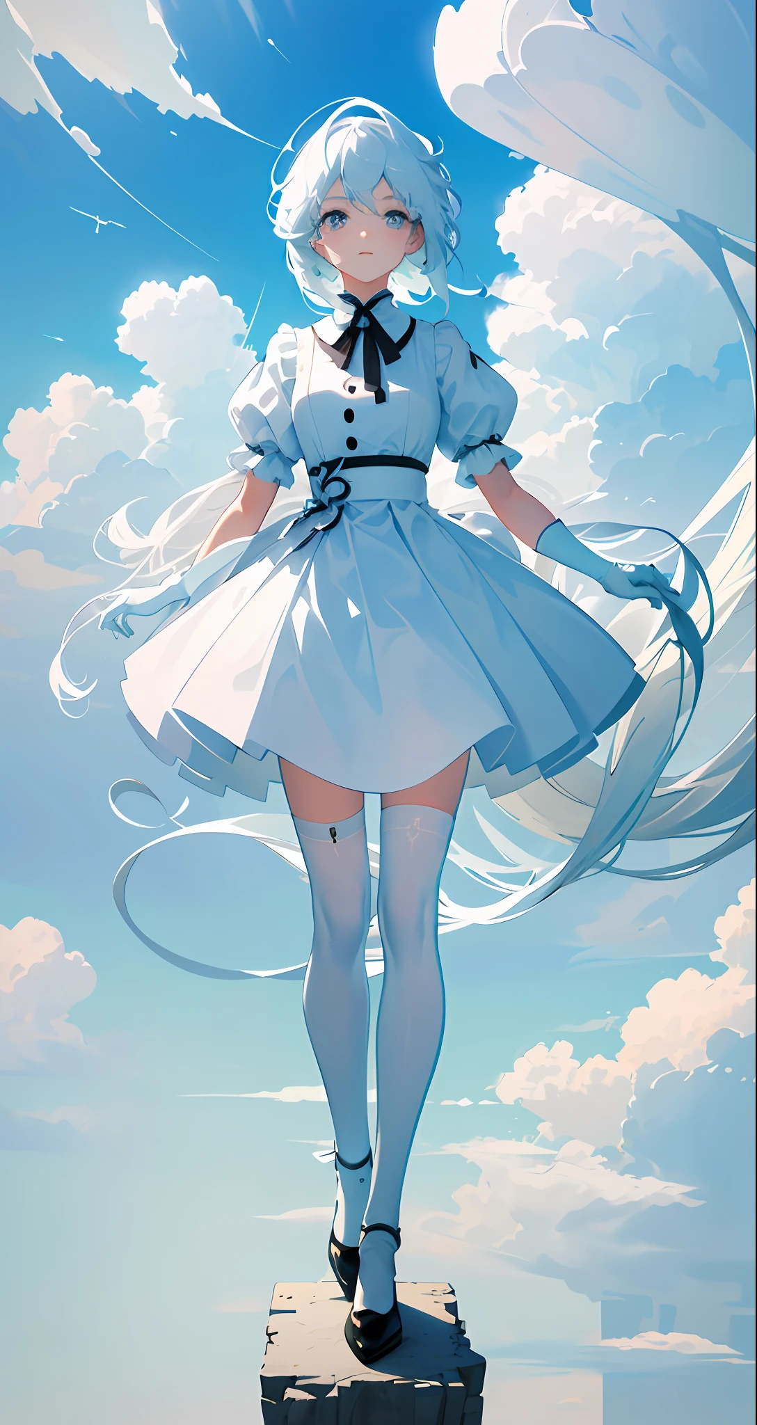 Masterpiece, Best Quality, Film Stills, 1girl, Floating in the Sky, Cloud Girl, Clouds, (Close-up: 1.1), Bright, Happy, Funny, Soft Light, (Bauhaus, Shapes, Lines, Abstract: 1.1), Full Body, White Stockings