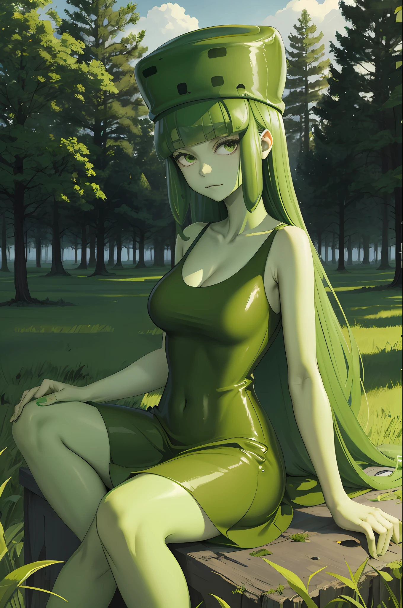 masterpiece, best quality, slim3, green skin, slime girl, green hat, green dress, big breasts,sitting on block, grass, trees, field, nervous, furrowed brow