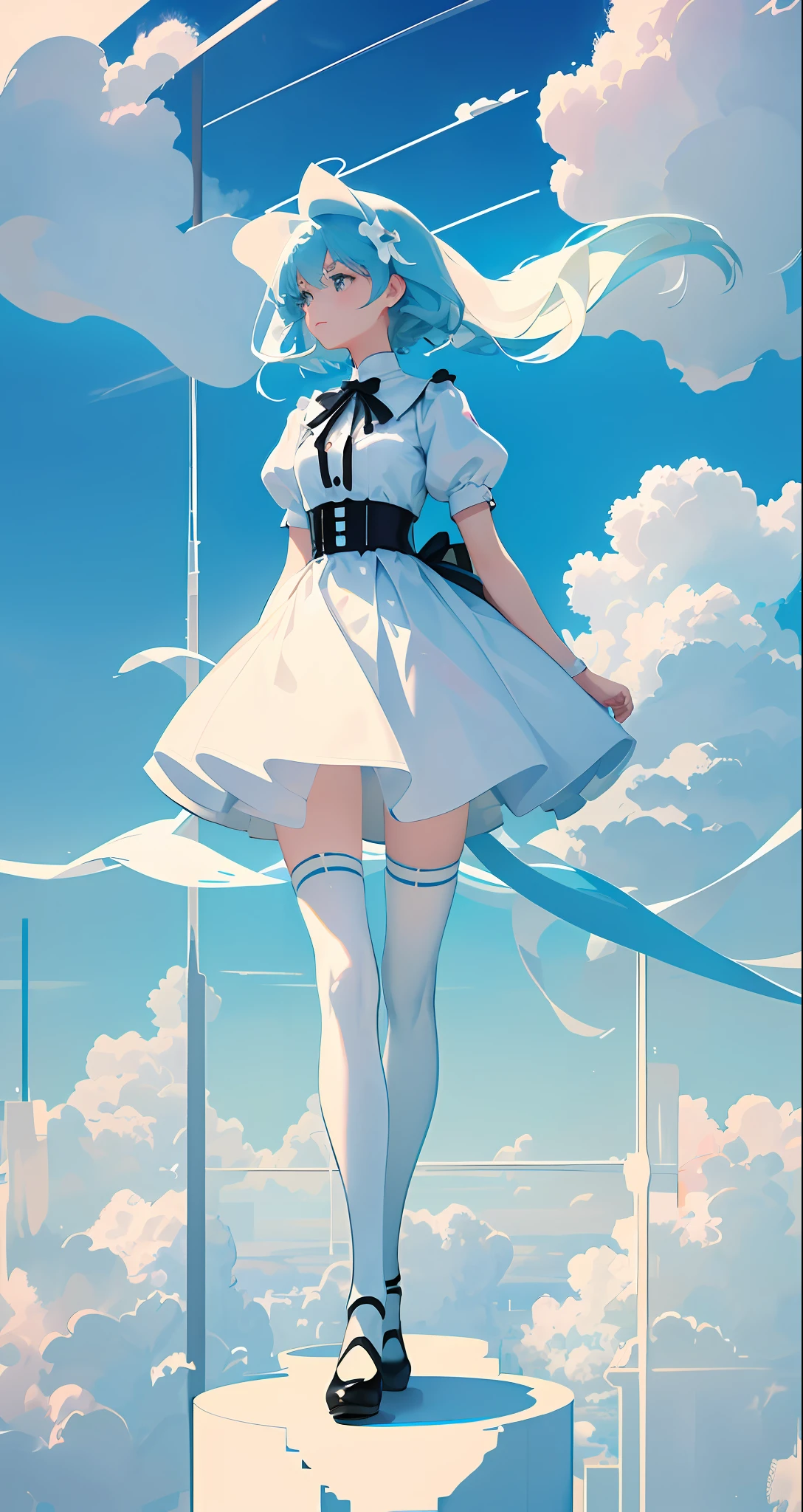 Masterpiece, Best Quality, Film Stills, 1girl, Floating in the Sky, Cloud Girl, Clouds, (Close-up: 1.1), Bright, Happy, Funny, Soft Light, (Bauhaus, Shapes, Lines, Abstract: 1.1), Full Body, White Stockings