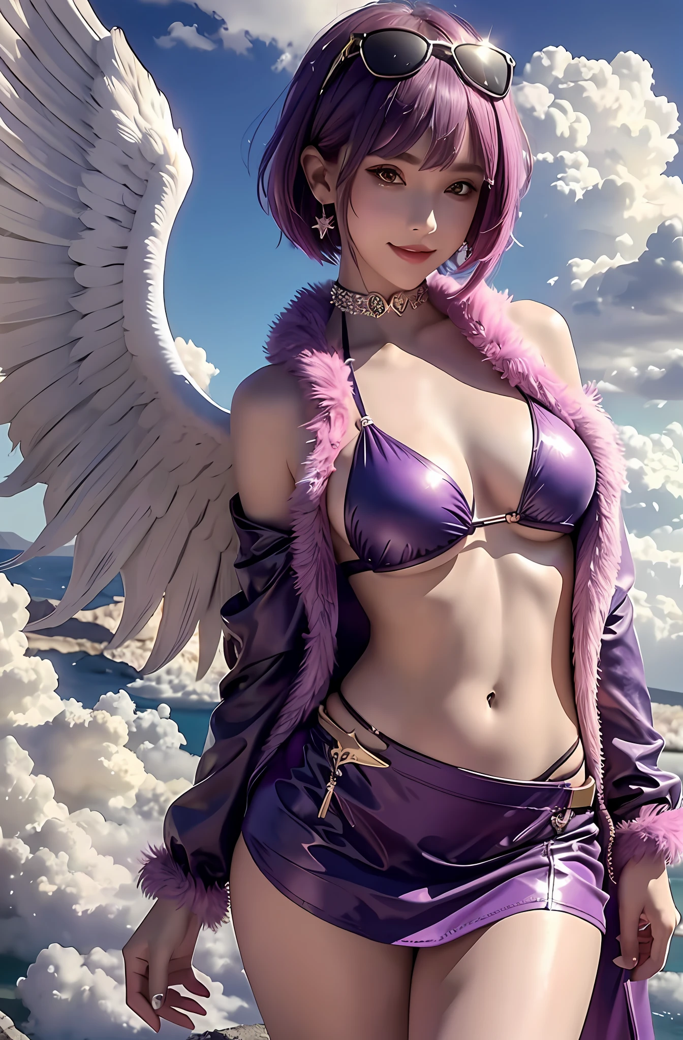 Short hair. Thin. Smiling expression, bikini, purple hair. Big tits. Miniskirt. Earring. Real. Above the clouds. Clouds around. Angel wings on the back. Fly freely above the clouds. Sunglasses on the head. Sunset. Robe of feathers.
