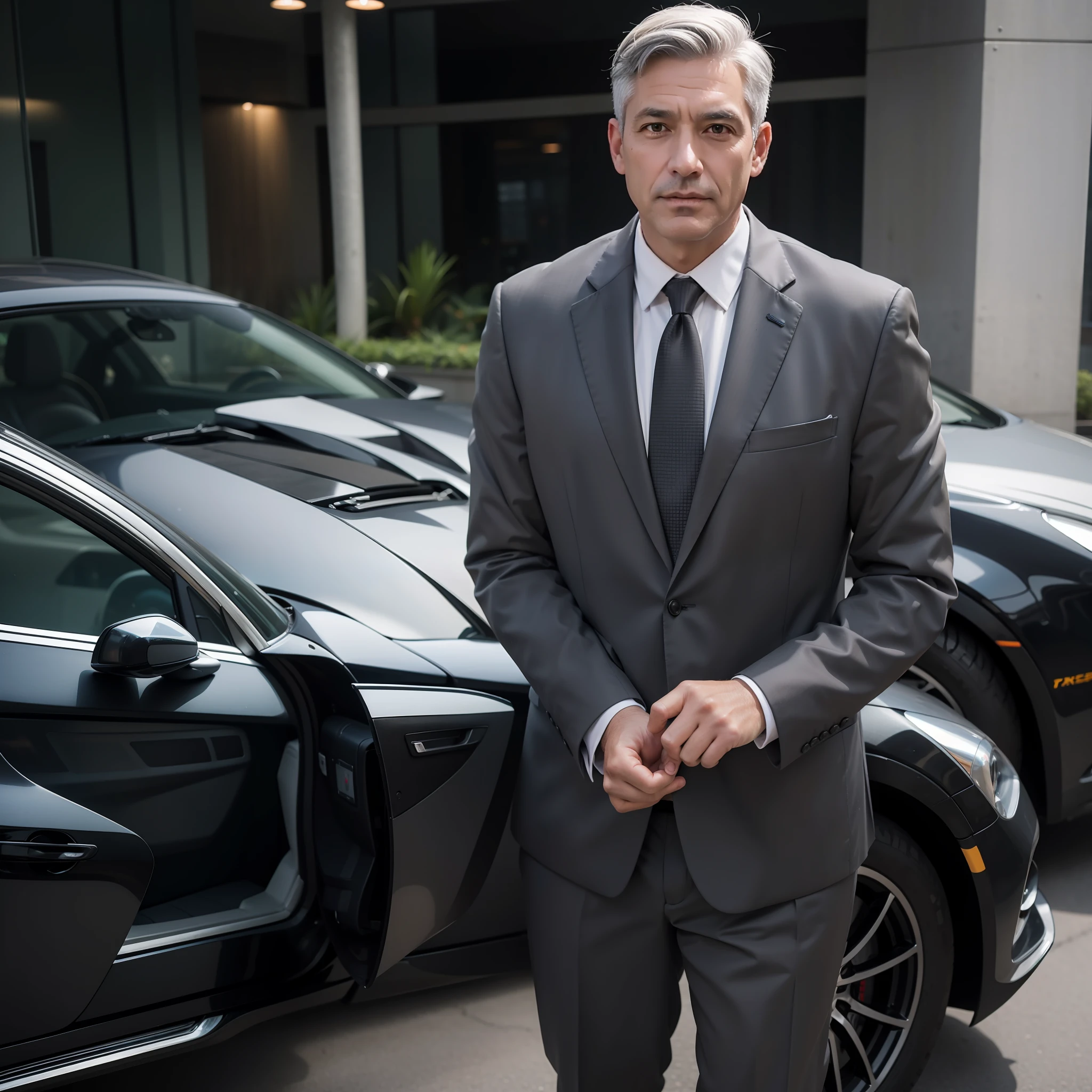 50 year old man, shaved and gray hair, no beard, working as suit security alone, no weapons, more youthful appearance, realistic photo, highly detailed, better quality