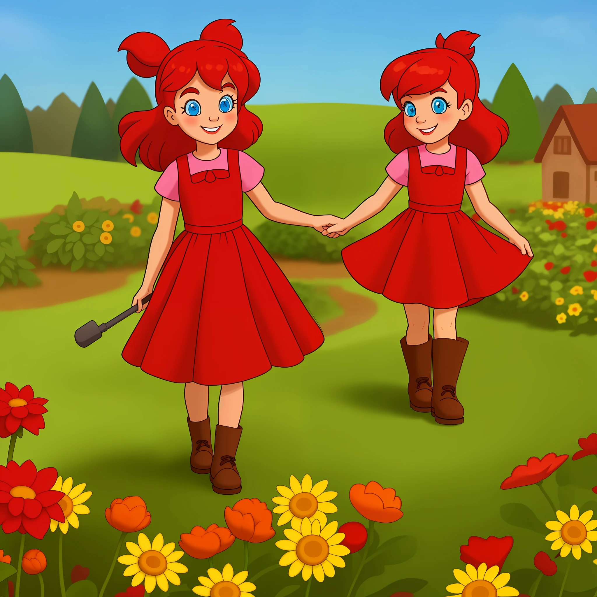 red-haired girl wearing a gardener, in a world of candy, cartoonish, hyper-detailed, cute