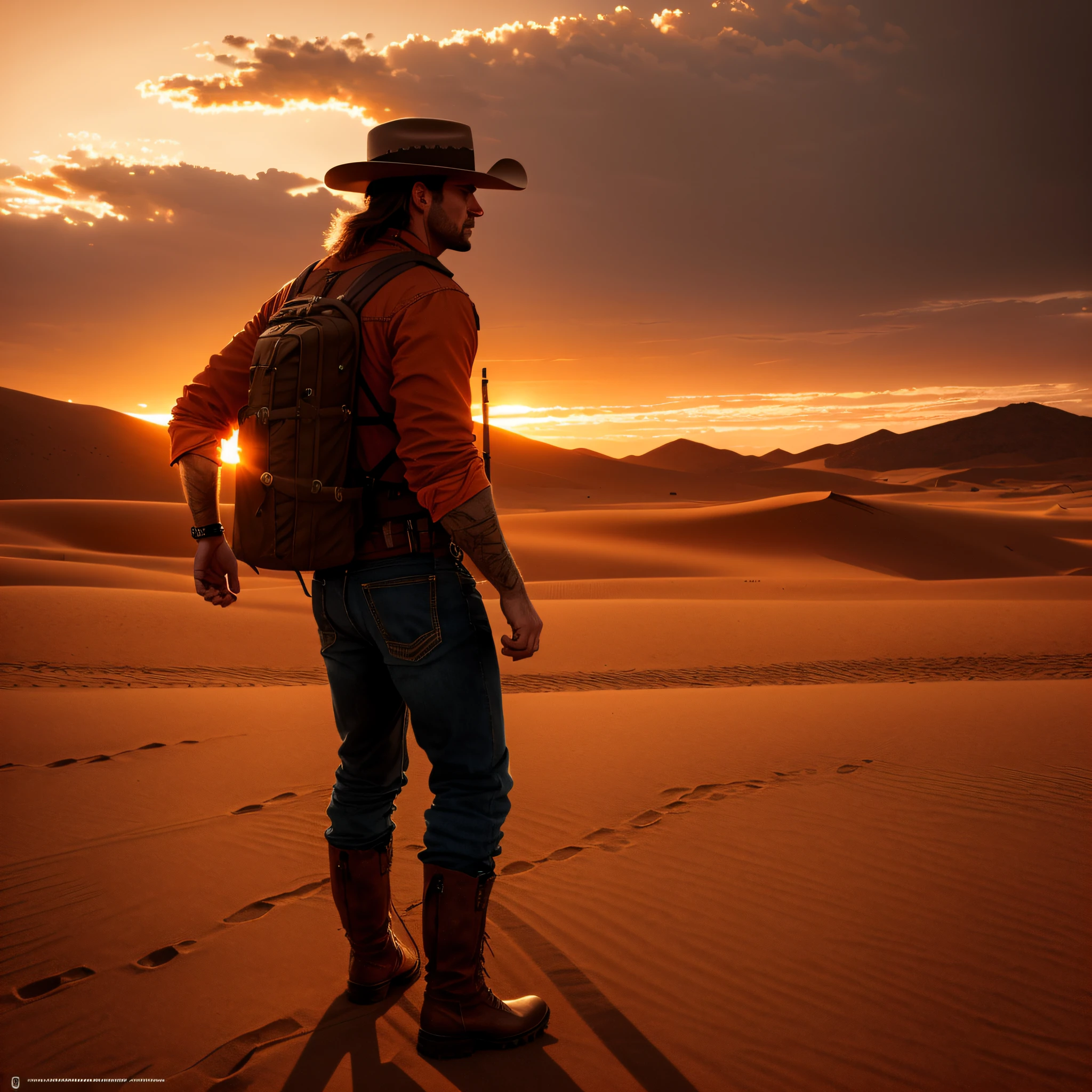 8k, award-winning photography, trend in ArtStation, (cinematics), (film), extremely detailed, cinematic lighting, western, desert, (sunset), 1 man, 30-year-old man, man has a hat, walking, wears boots, has no gun at the waist, shades of orange,