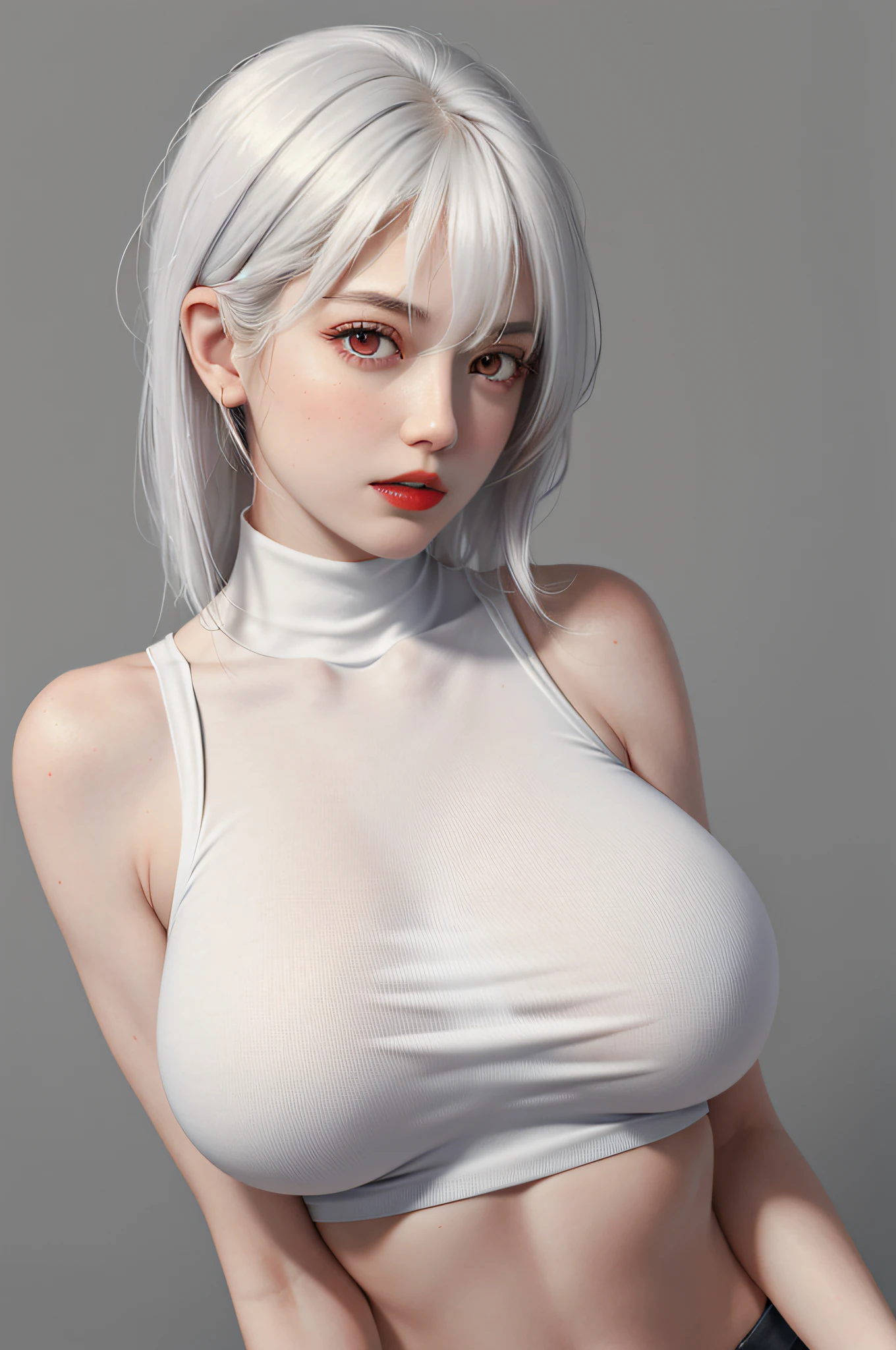 Girls, Bangs, Bare Shoulders, Black Pants, Breasts, Breasts squeezed together, Grey background, Hair between the eyes, Huge breasts, Long hair, View Viewer, Pants, Parted lips, Red eyes, Shirt, Simple background, Sleeveless, Sleeveless shirt, Solo, Turtleneck, V arm, White hair,(Shiny skin),(Masterpiece:1.4),(Best quality:1.4),,Facigirl,Red lips,Perfect abs, belly button, (nipple: 1.5), (sheer areola), nipple, huge, sweat,