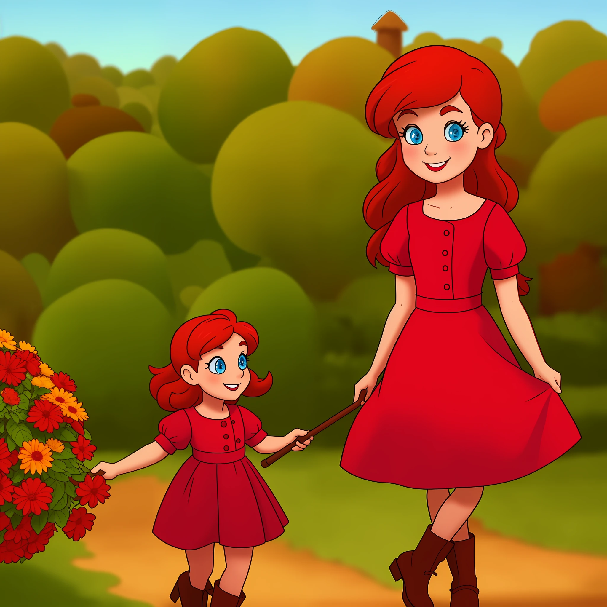 red-haired girl wearing a gardener, in a world of candy, cartoonish, hyper-detailed, cute