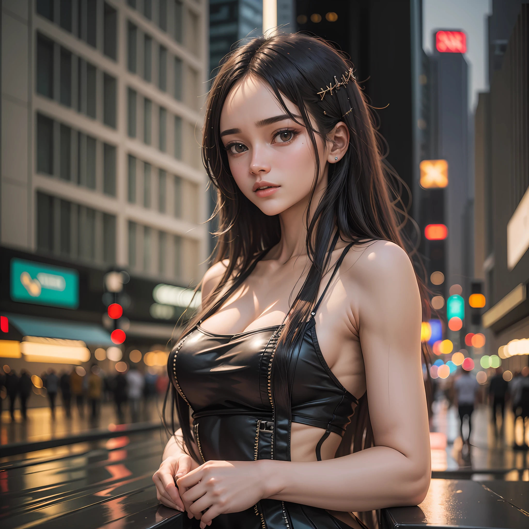 (8k, RAW photo, best quality, masterpiece: 1.2), (realistic, photorealistic: 1.37), 1 girl, Brazil, 24 years old, female, beautiful face, straight long hair, black hair, São Paulo cityscape, night, professional lighting, photon mapping, radiosity