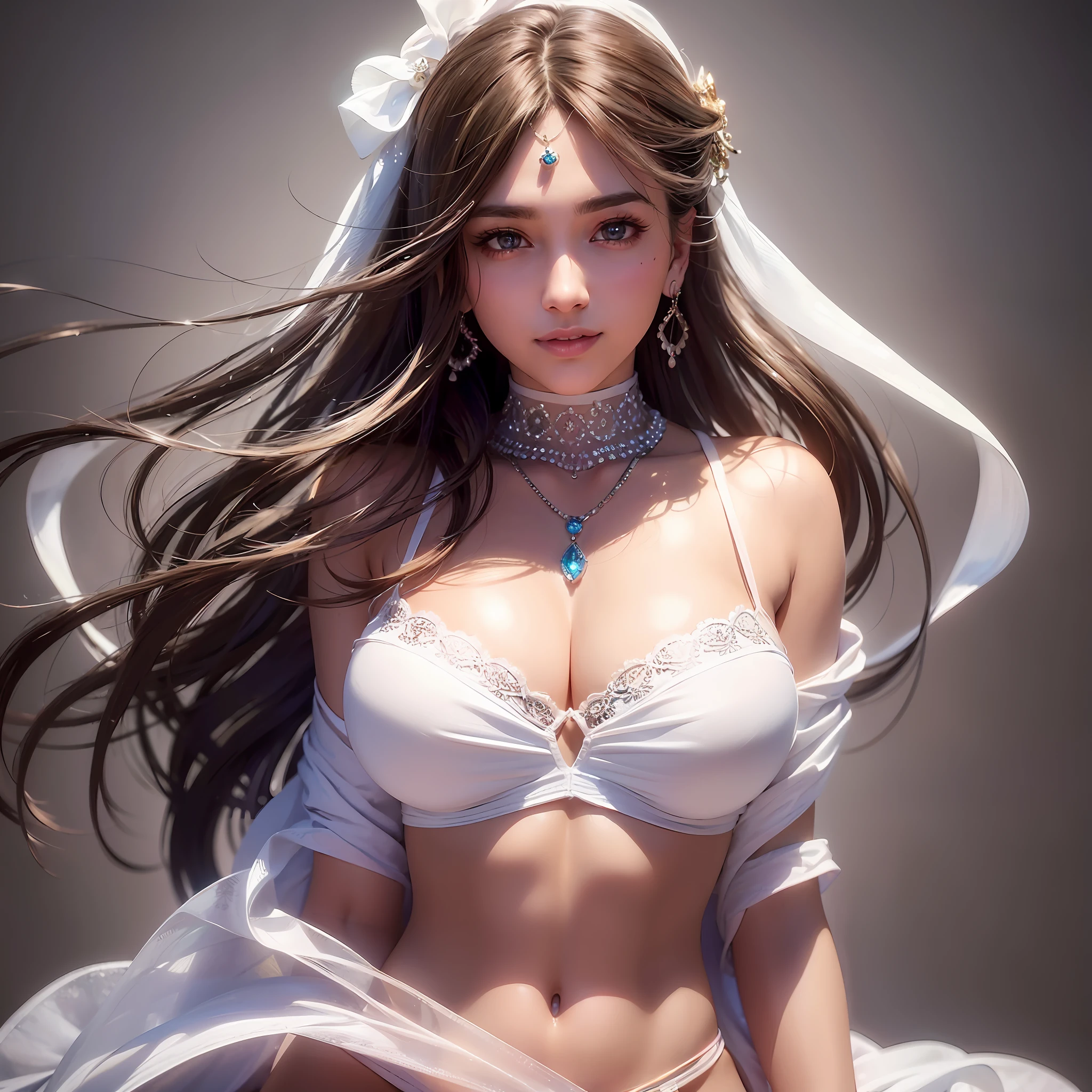 (Highly detailed skin, dark brown hair, beautiful detailed hair, delicate beautiful face, seductive smile, beautifully detailed eyes, large_breasts, real skin texture), (big, 20yo,, appeal, sexy), (narrow eyes, blush), attractive face, perfect body, oiled skin, glistening skin, high gloss skin, constriction, Professional lighting, 1 girl, (midriff, underboob: 1.6), (messy hair, medium hair,), cowboy_shot, blur background, transparent silk dress, hair ornament, looking at the audience, smile, shut up, lips, white dress, hair accessories, necklace, jewelry, earrings, dark studio, edge lighting, Two-tone lighting, (High detail skin:1.2), 8K Ultra HD, Digital SLR camera, Soft lighting, High quality, Volumetric lighting, Candity, Photography, High resolution, 4K, 8K, Bokeh, professional lighting,