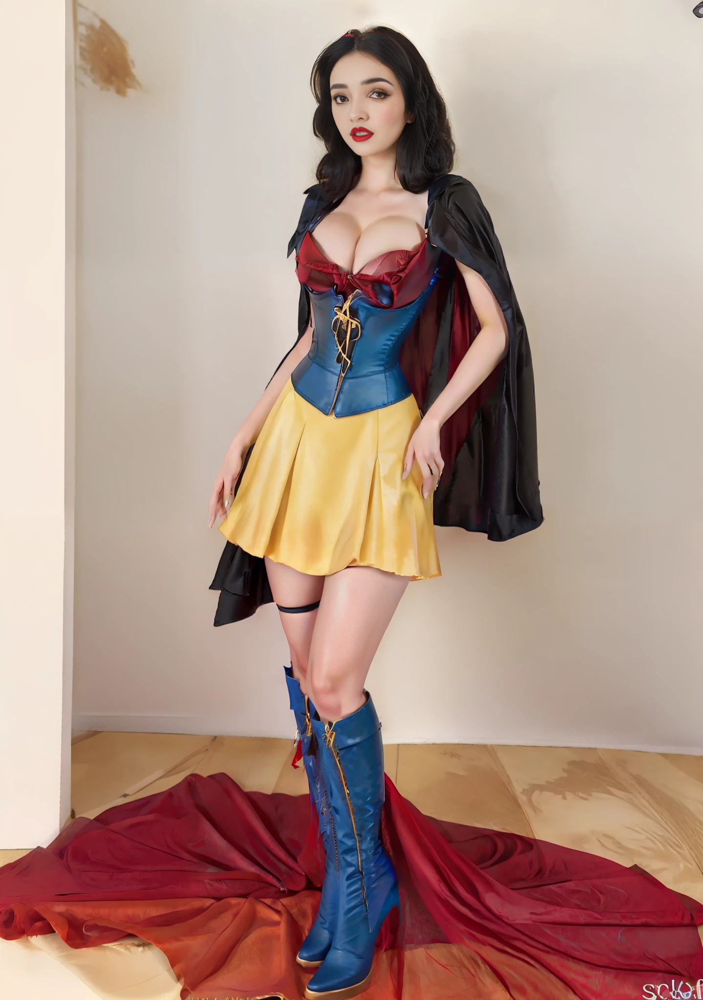 Beautiful middle Eastern model, pale skin, yellow short silk skirt, (masterpiece), photorealistic, blue corset, red silk cape, red lips, ((large breasts)), cleavage, silk gloves, leather boots