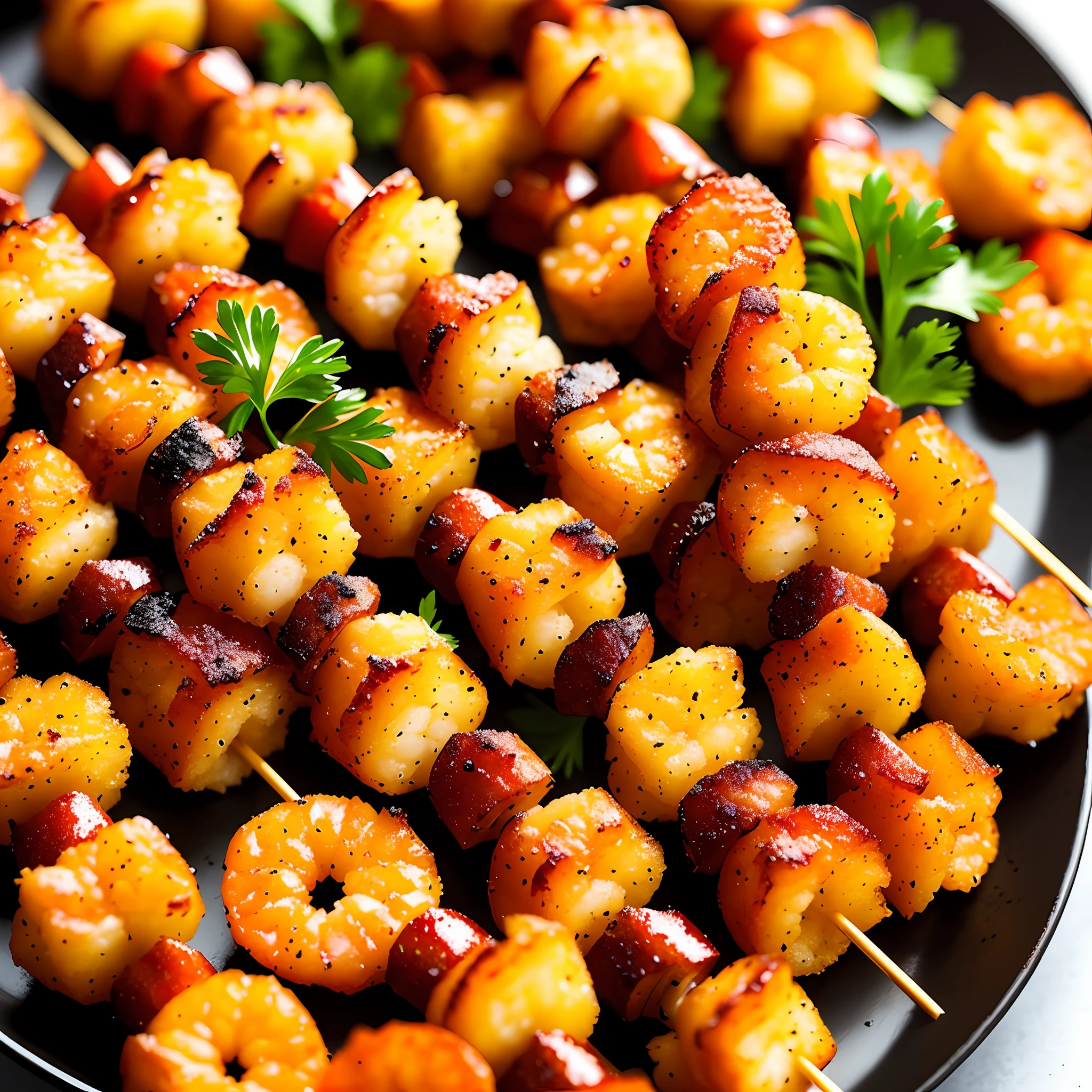 Appetizing breaded shrimp skewer, delicious, fragrant, detailed and light professional photography, close-up