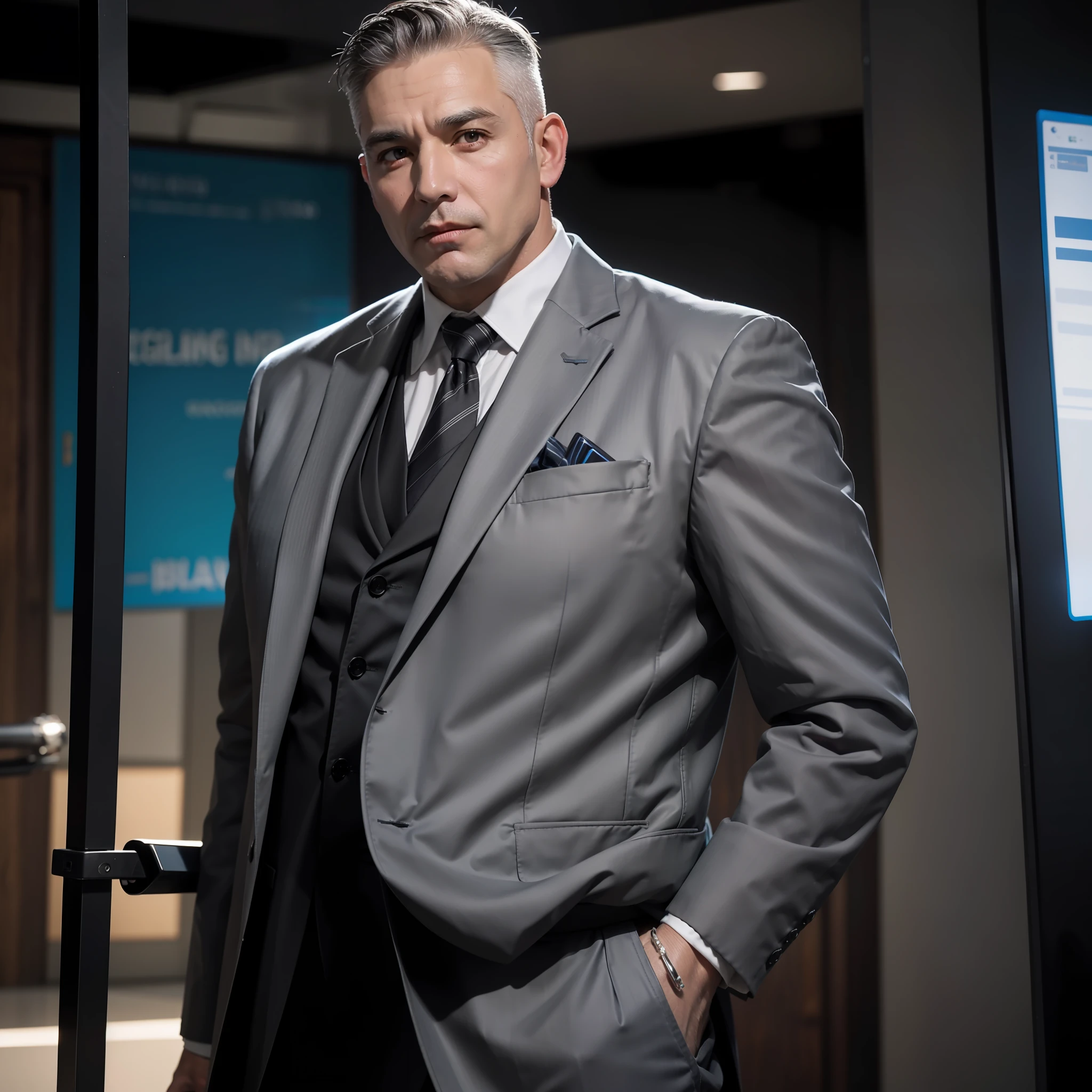 50 year old man, shaved and gray hair, no beard, working as suit bouncer, no weapons, more youthful appearance, realistic photo, highly detailed, best quality