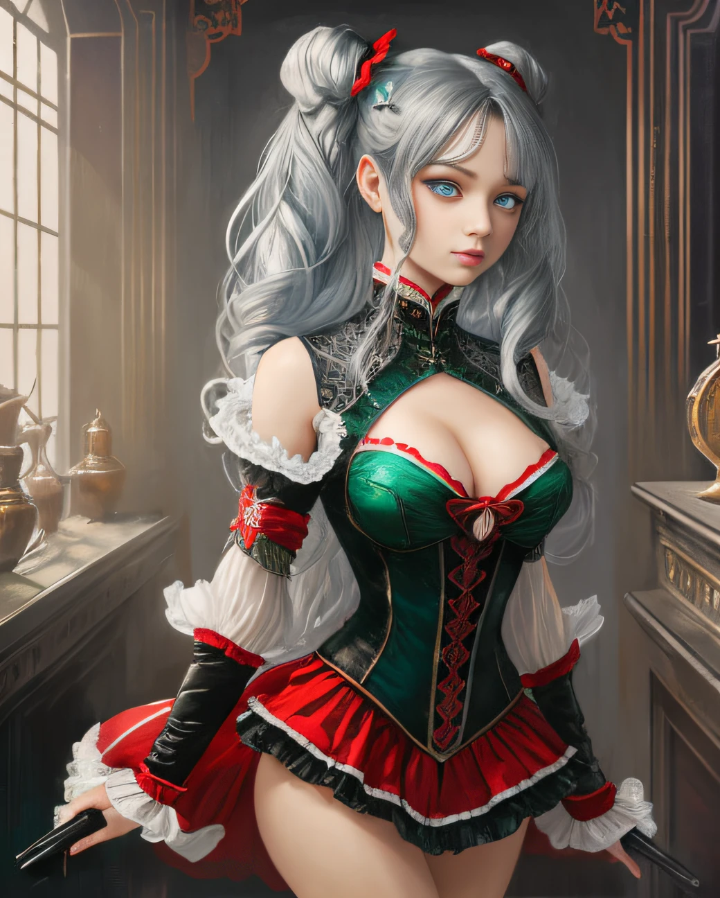 long twintails hairstyle, grey hair color, red eyes, looking at the camera, rococo lolita, Ariana Miyamoto, perfect face, fitness figure, masterpiece, green dress with red lines, long black boots, frills, by adrianus eversen and pascal blanche and rutkowski repin and Jean-Baptiste Monge and wlop, an ultra hd detailed painting, digital art, dust particles, beautiful, glittering, filigree, rim lighting, lights, extremely magic, surreal, fantasy, digital art, drops, artgerm and james jean, cinematic, by pascal blanche, rutkowski repin, artstation, hyperrealism painting, concept art of detailed character design, matte painting, 8K resolution, blade runner --auto --s2