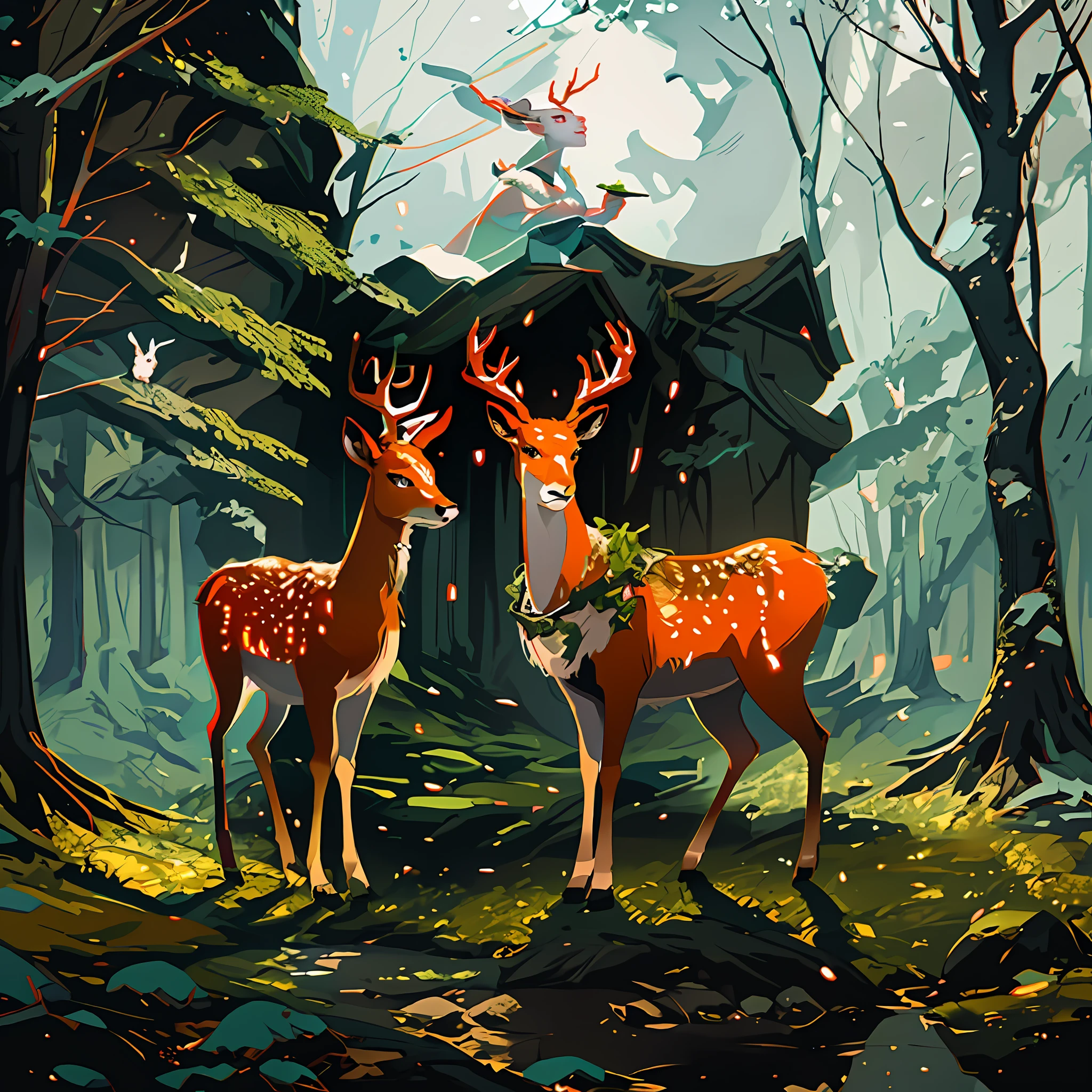 there are two deers standing in the woods at night, beautiful digital artwork, beautiful digital illustration, a beautiful artwork illustration, beautiful digital art, stunning digital illustration, very beautiful digital art, beautiful digital painting, exquisite digital illustration, elegant digital painting, fantasy art behance, 8k high quality detailed art, realistic fantasy illustration, art contest winner on behance