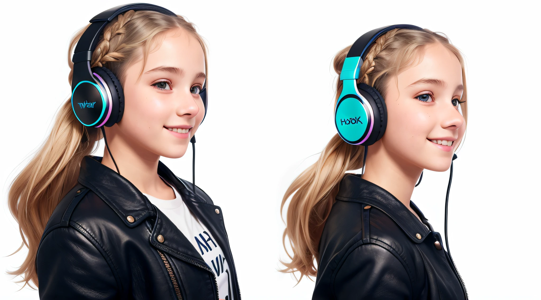 girl , blonde long hair of braids,portrait, with headphones on smiling and holding hands up, leather jacket vemelha, girl wearing headphones, listening to music, wearing headphones, with headphones, with headphones, using a headset, vibrating with music, listening to pious music, wearing headphones,  Using headset for gaming, tinnitus, high quality portrait, headphones on, digital art H 9 6 0, (white background: 1.3).