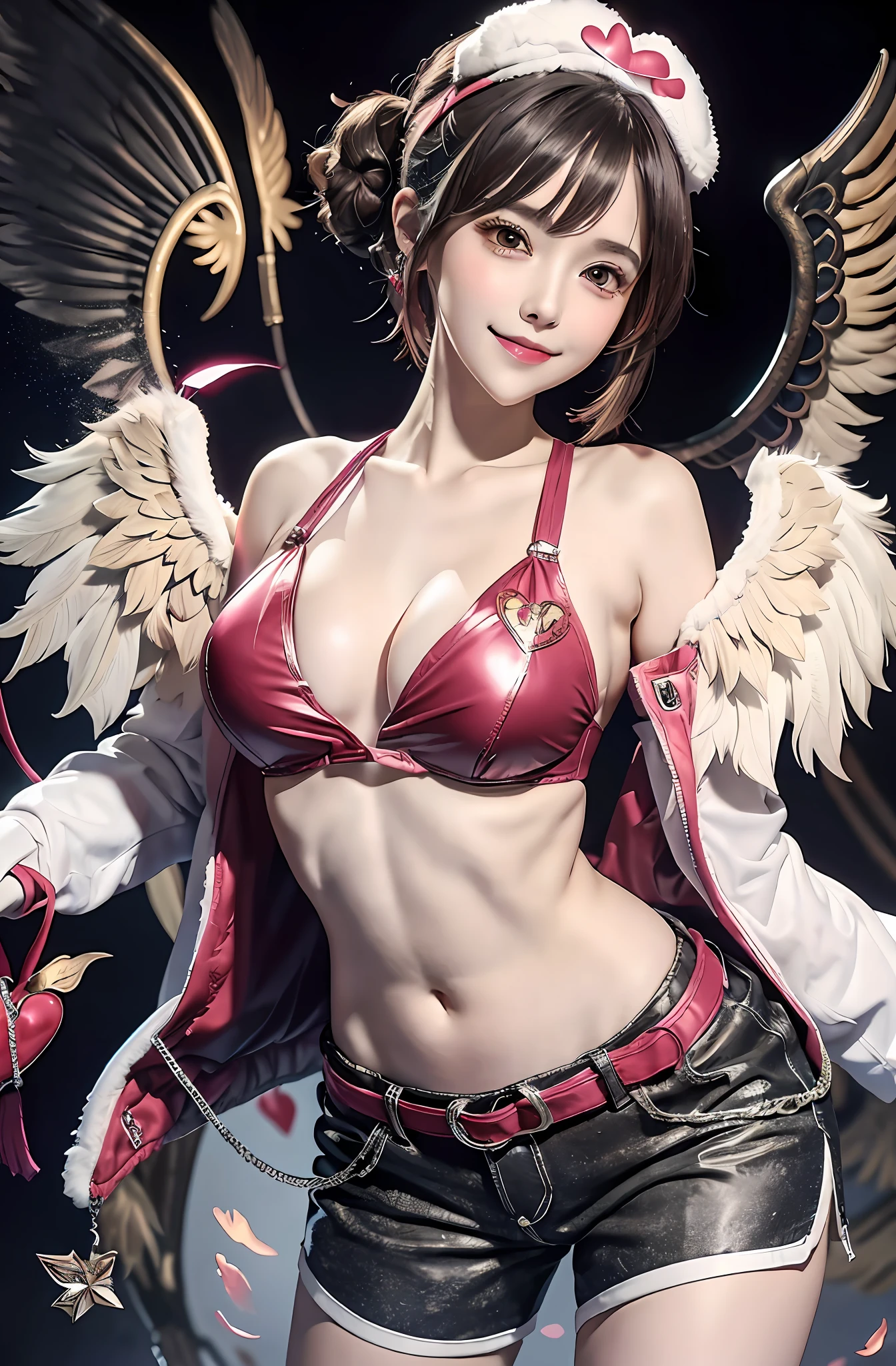 Short hair. Pigtails. Long pants that are cut off. Parka. Earring. Angel wings. Heart-shaped vacant chest. Heart logo. A big smile. Game Center. Headphone. White wings. Navel. Futomo. Navel out. Put on the cap.