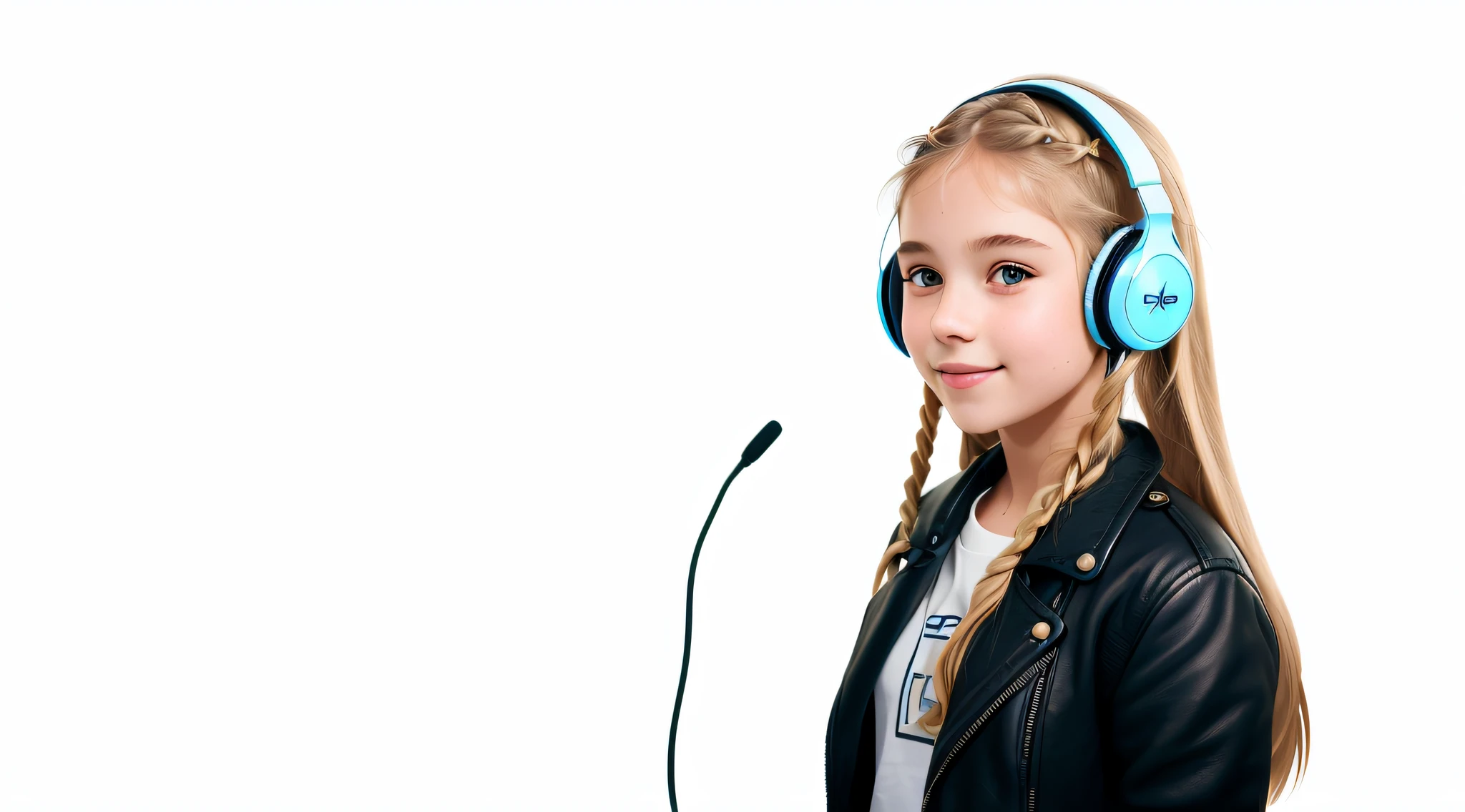 girl , blonde long hair of braids,portrait, with headphones on smiling and holding hands up, leather jacket vemelha, girl wearing headphones, listening to music, wearing headphones, with headphones, with headphones, using a headset, vibrating with music, listening to pious music, wearing headphones, Using headset for gaming, tinnitus, high quality portrait, headphones on, digital art H 9 6 0, (white background: 1.3).