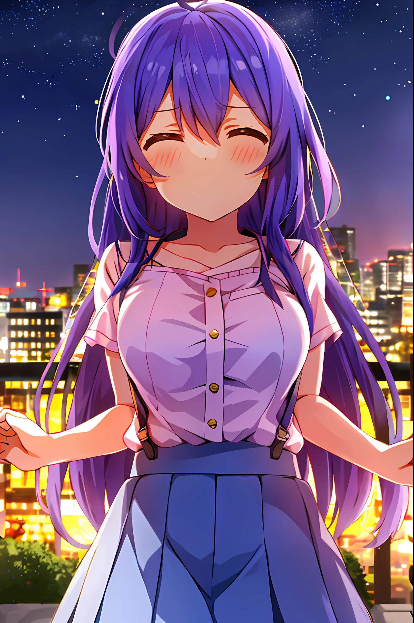 Anna Mochizuki (Million Live), (Top Quality, 8K, Masterpiece, Super Detail: 1.2), 1 Girl, Suspender Clothes.Skirt.Blushing, Clavicle, Bow, Ribbon, Blue Bow.Night.Night View.Outdoors.Chesty.Despair Face.