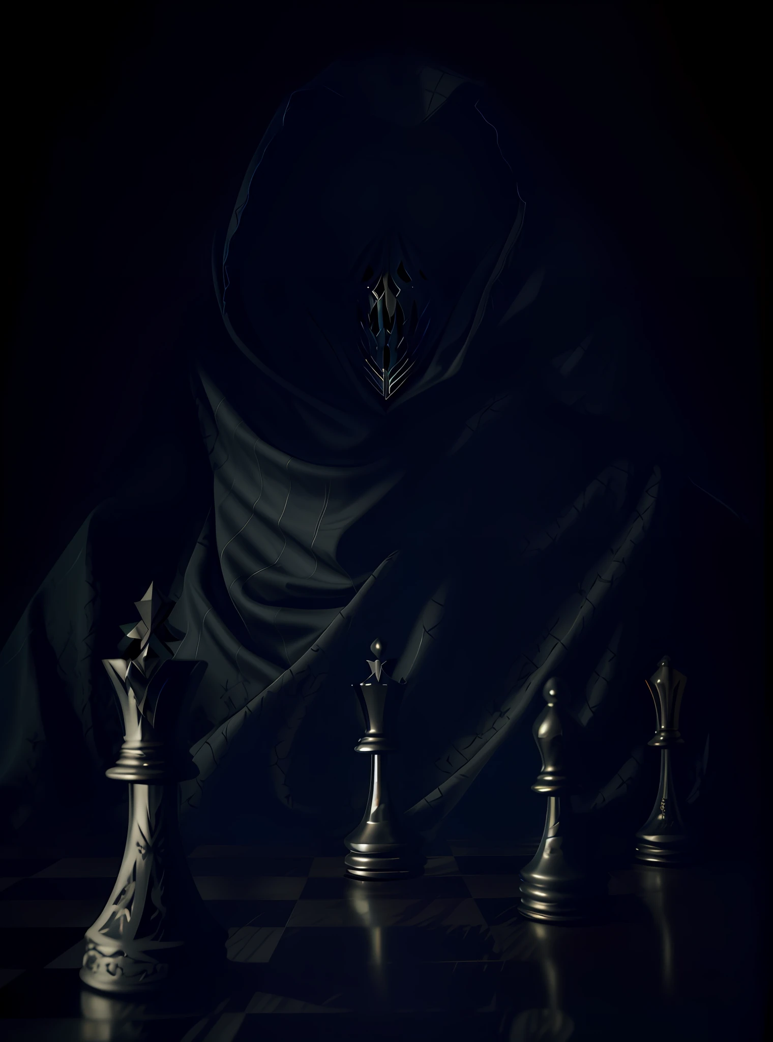 a hooded silhouette , does not appear the face, covert face and hood playing chess, the king of death, dark dress, dark soul concept, hooded dark figure, !! Playing chess!, the Dark Lord, no face, only dark Cloaked, Just Art for dark metal music, Dark Hooded Wraith, Chess Knight, Dark Concept Art, Cloaked Dark Night, VantaBlack Chiaroscuro