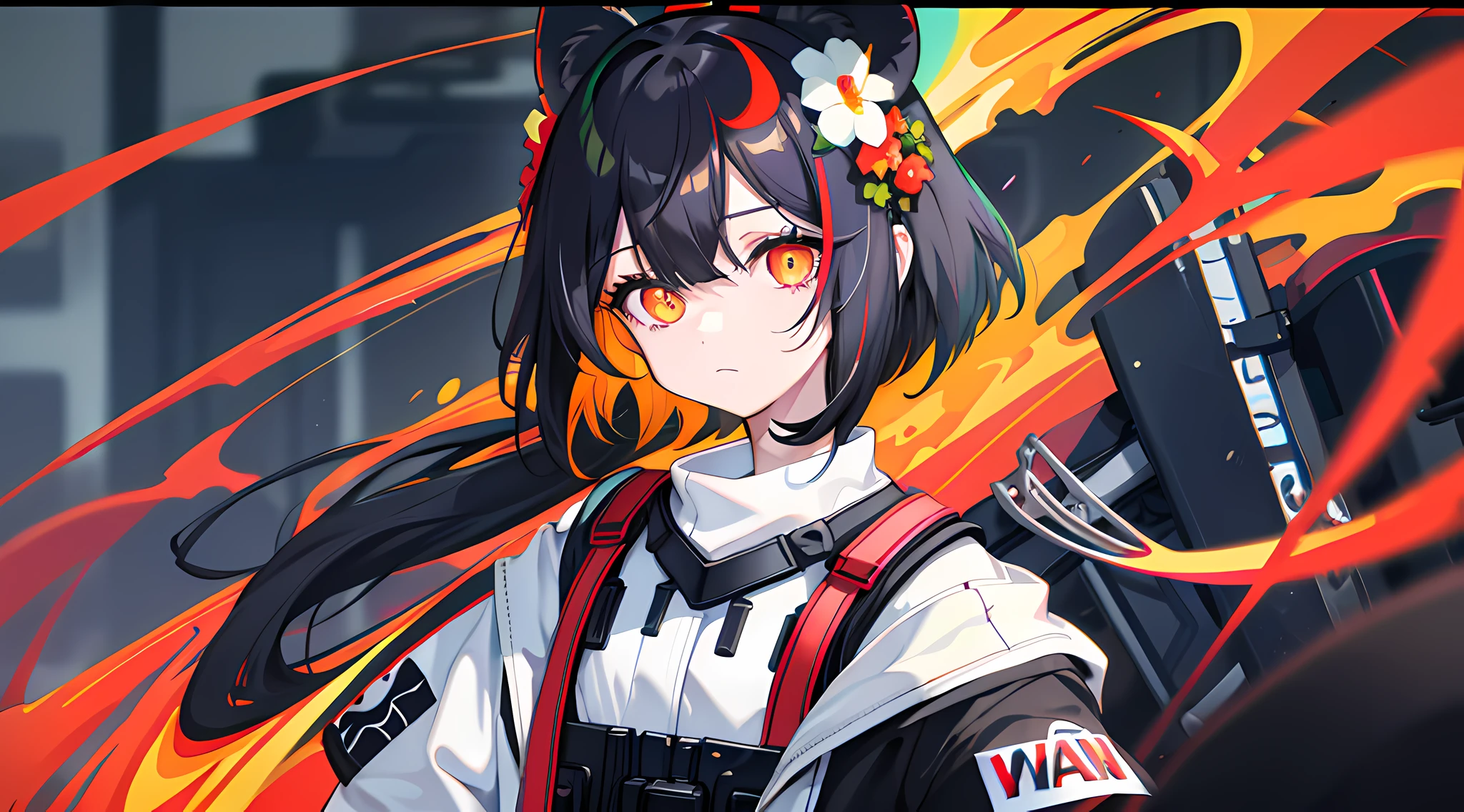 black hair, multicolored hair, hair flower, goggles on headwear, crazy eyes, hollow eyes, lion ears, sad, Futurism, Color Field painting, depth of field, dithering, chromatic aberration abuse, viewfinder, blurry foreground, macro photo, 16k, high quality
