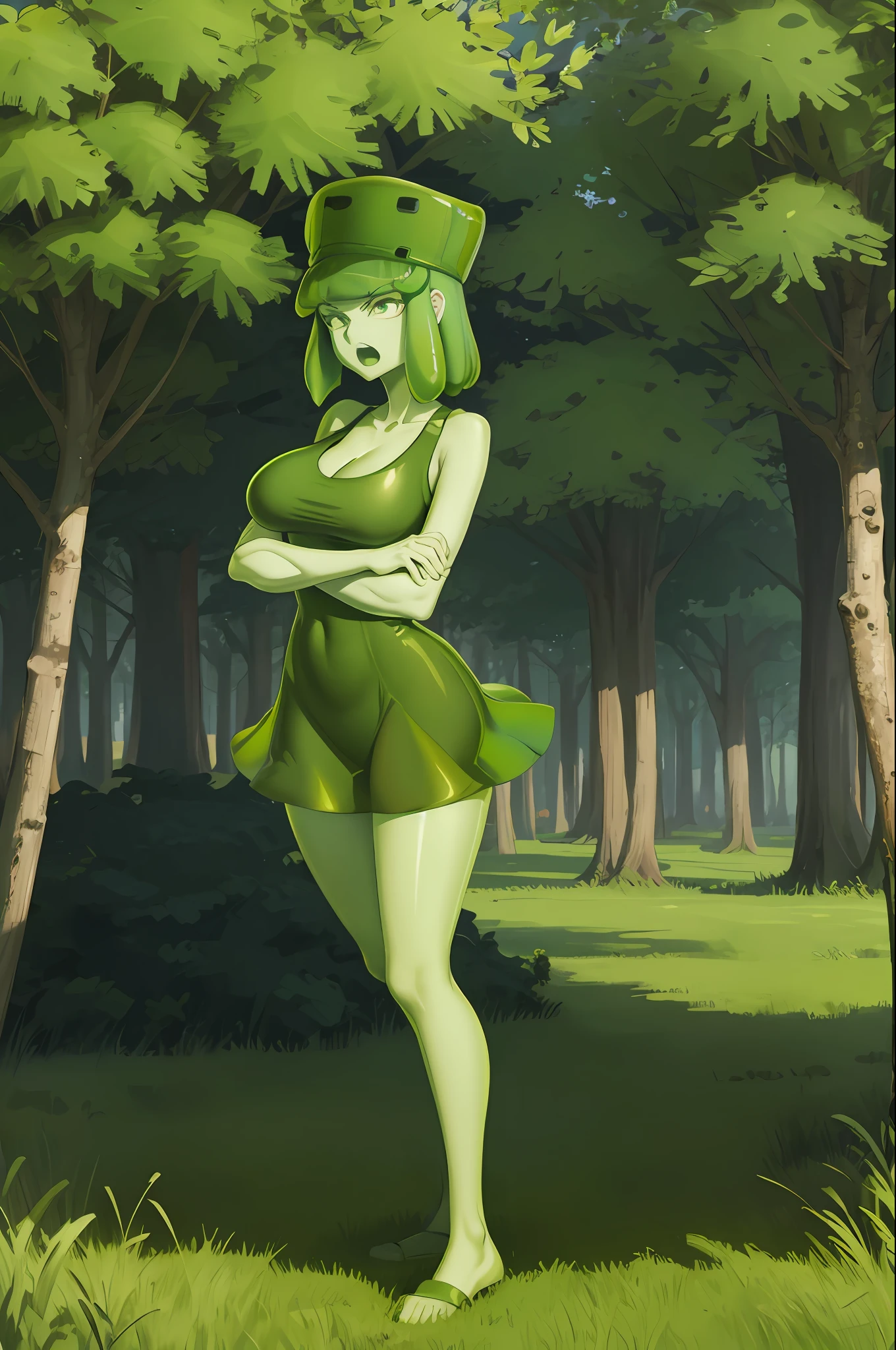 masterpiece, best quality, slim3, green skin, slime girl, green hat, green dress, big breasts,standing,anger,,open mouth,arms crossed,grass, trees, field,furrowed eyebrow,full body