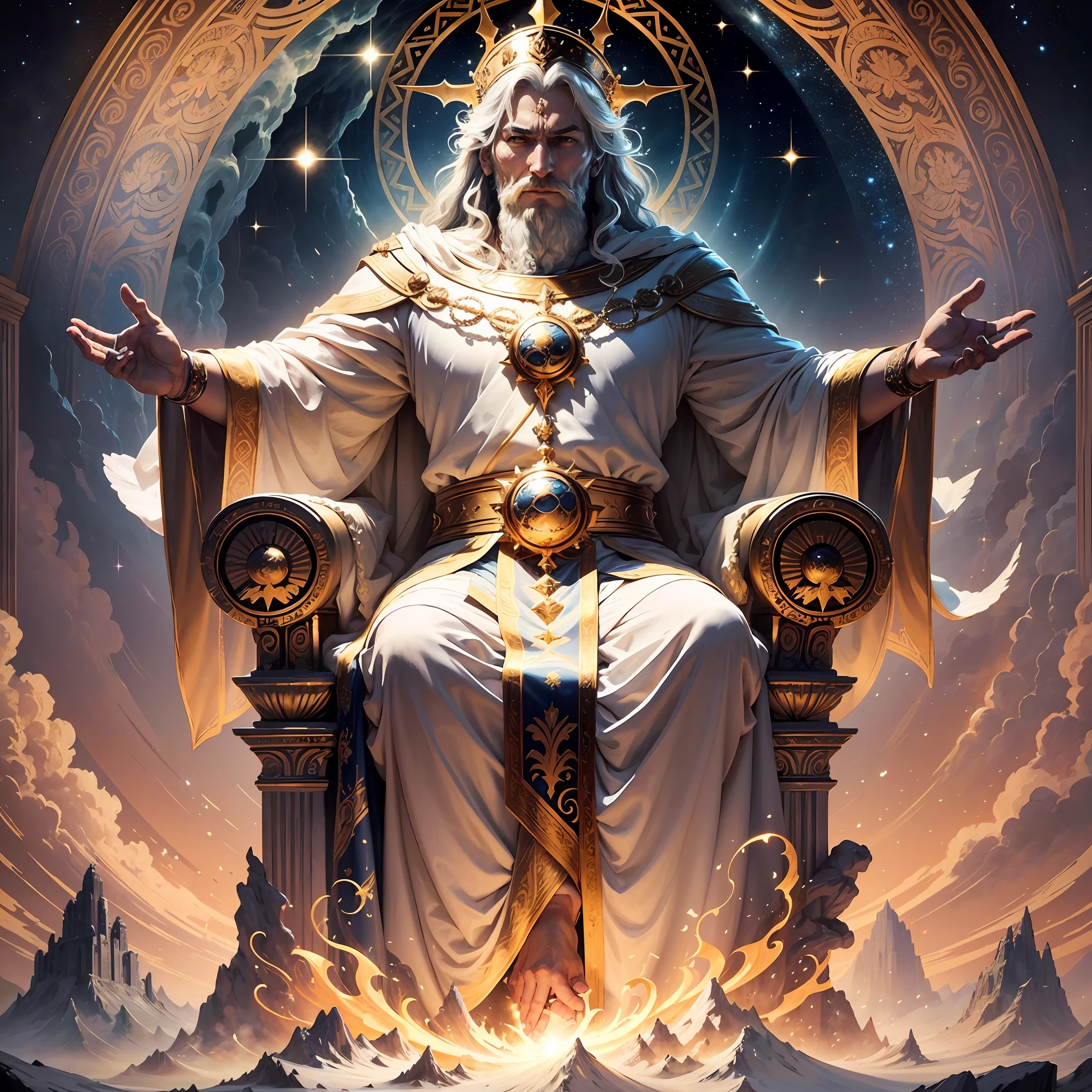 Imagine a powerful and majestic image that depicts God as the Almighty. He is depicted as an imposing figure with divine features and an aura of radiant light around him. His presence is imposing and conveys a sense of authority and mastery over all things.

In the image, God is seated on a heavenly throne, surrounded by white and golden clouds, symbolizing His kingship and glory. His countenance is serene and full of wisdom, showing the perfect balance between love and justice.

His figure is wrapped in a bright robe, symbolizing purity and holiness. His hands are outstretched, demonstrating His power to create and sustain the universe. He holds the world in His hands, symbolizing His control and care over all creation.

The image conveys the grandeur and immensity of God's power. Every detail is designed to evoke reverence and worship before His divine presence. It is a visual representation that leads us to contemplate the magnitude and sovereignty of God, recognizing that He is the only one truly omnipotent. --auto --s2