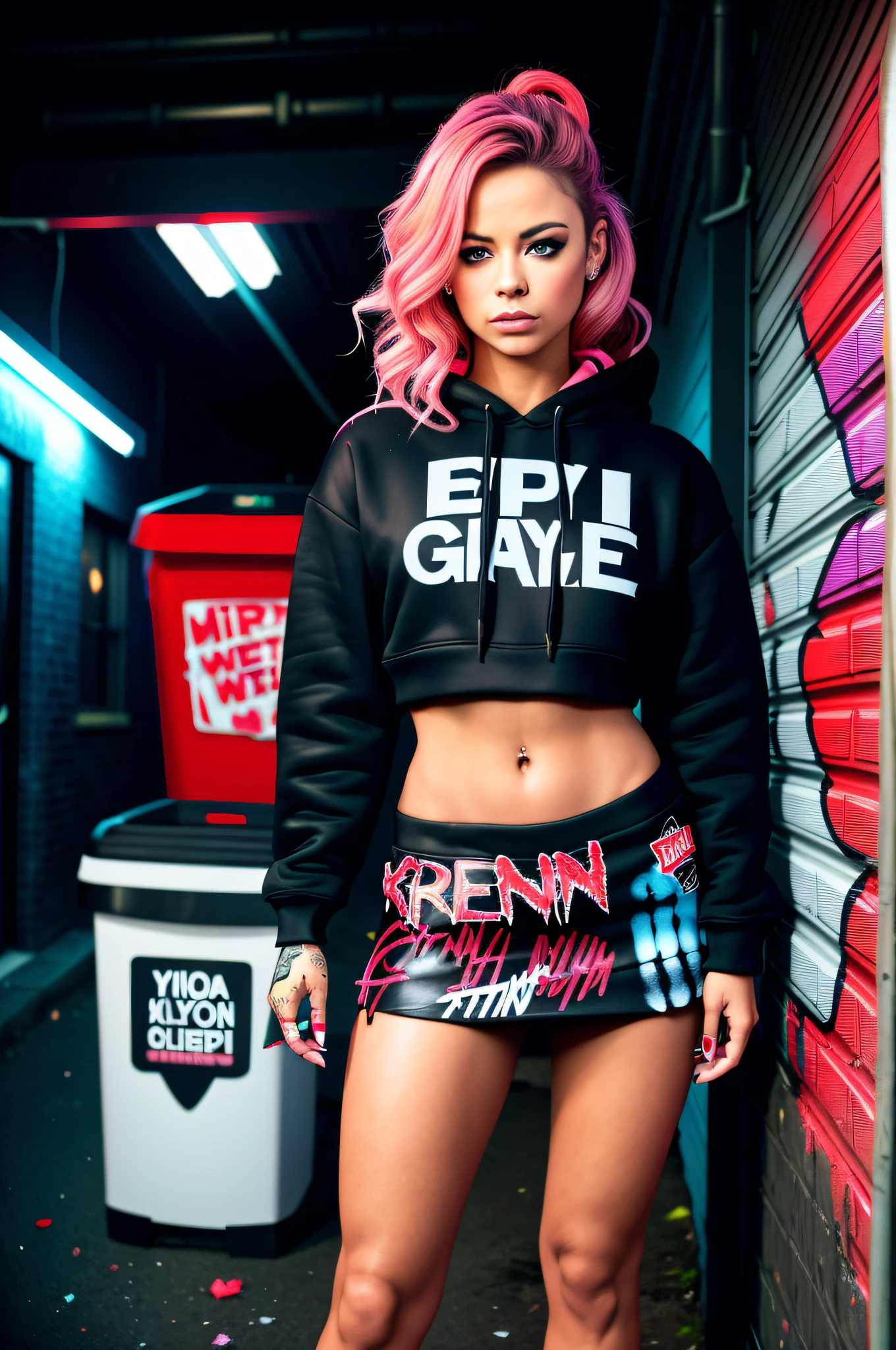 (Griffiths meat style), (Sandra Chevrier style),
Full body photo of a Pretty Hoodie Girl of European and Asian descent, standing in a dark alley, wearing a crop top hoodie with the hood up and (mini skirt:1.1), badass, killer, neon signed, trash can in the background, graffiti