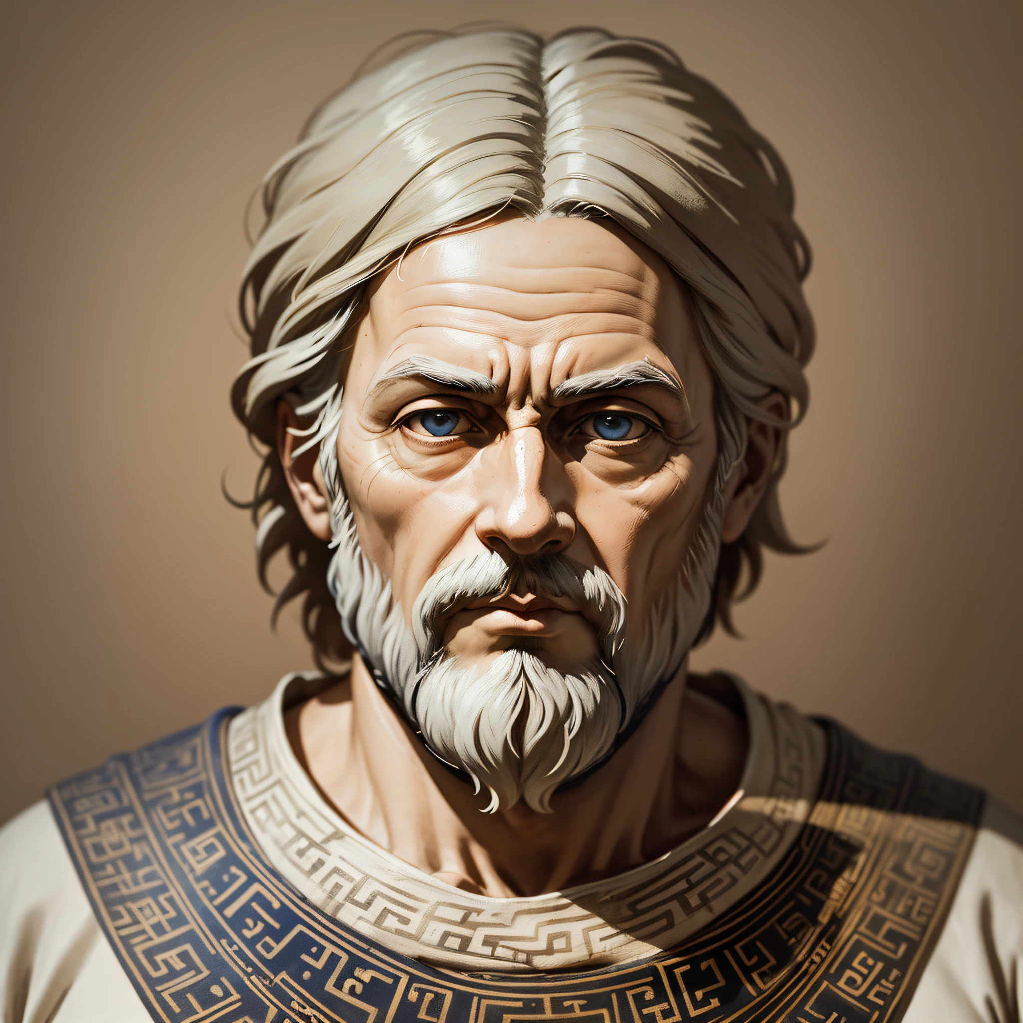 The realistic portrait of Plato would be a painting in which the ancient Greek philosopher would be portrayed with great resemblance to reality, with precise details, textures and shadows that imitate the appearance of a photograph.
In the image, Plato will be depicted from the front, looking directly at the viewer, with a stern expression on his face. He has short hair and a beard, as was common at the time, and would wear the traditional Greek tunic. He has piercing eyes and a broad forehead, traits that are often associated with his wisdom.
The background will be plain, or depict Plato in a natural setting, such as a Greek landscape.
The lighting enhances the details of Plato's face, creating shadows and enhancing the philosopher's features. The painting would be in realistic colors, giving the impression that Plato is present in the image.
The portrait conveys the image of a wise and profound man, dedicated to the search for knowledge and truth, characteristics that made Plato one of the most influential philosophers in history. --auto --s2