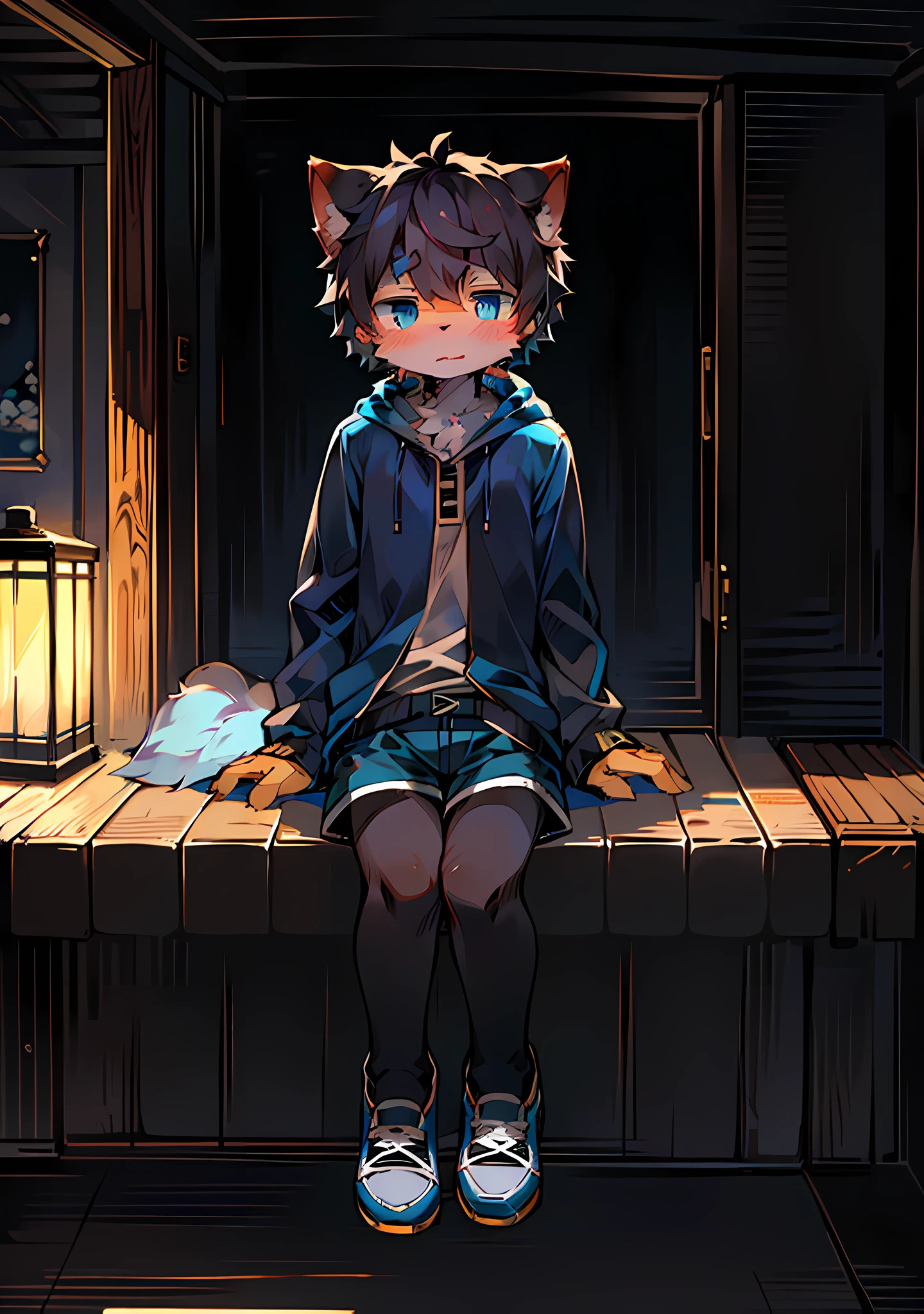 (Dark Environment: 0.8), Masterpiece, High Quality, Abstract Res, Digital Painting\(artwork\), by Dagasi, Yupa, Kiyosan, (Anthro, Fluffy Fur, Character Focus: 1.1), Anthro Male Cat, Short Hair, Portrait , bright eyes, panorama, character focus. (Detailed background: 0.7), solo, furry, furry male, cat, black fur, gray pattern, blue coat, fluffy shorts, blue eyes, black hair, wearing shoes, wide coat, white shirt, introverted, shy, silent