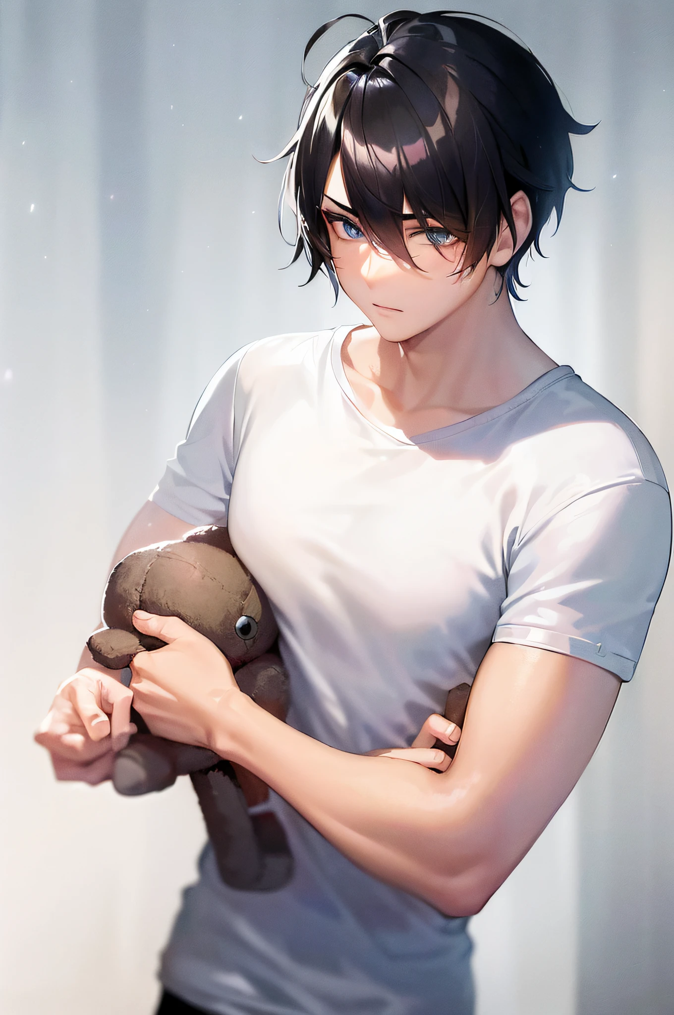 ((A male:1.2)), ((boy:1.2)), first-person view, upper body, cold light, blue_eyes, (hair pulled back:1.2), hair_between_eyes, (Zaffre eyes color:1.1), (holding a plush toy:1.2), (cute white T-shirt:1.5), (hair pulled back:1.5), , looking_at_viewer, male_focus, short_hair, (the idealism of the future world:1.2), (clean background trending:1.5), rain, wet hair, styled with a captivating hairdo, accentuated with bangs and hair between eyes, highlighting his distinctive and stylish black and short hair, this dynamic composition expertly showcases his strong male focus, in a manner that captivates and intrigues viewers