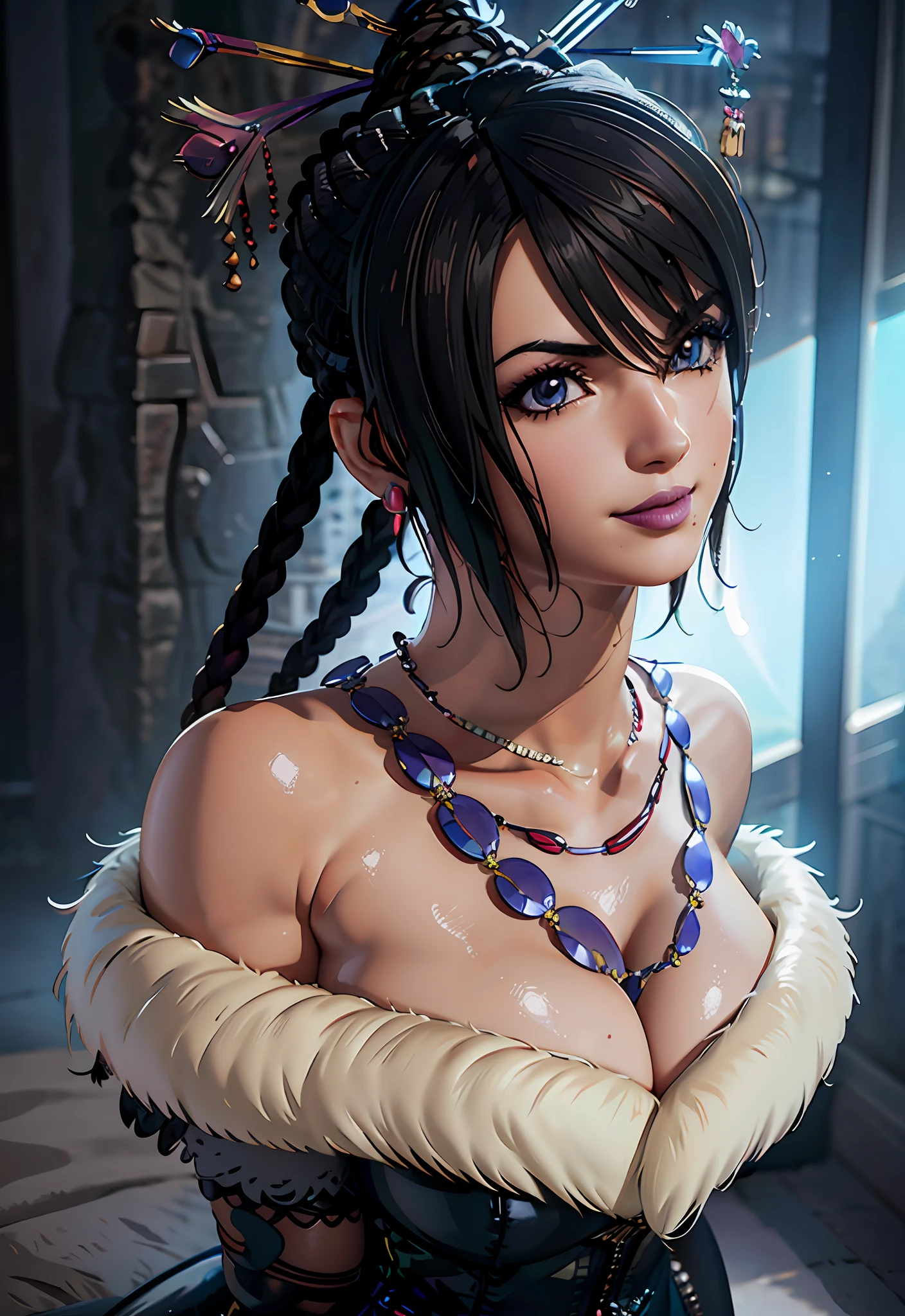 true remastered best-quality definitive masterpiece realism exact photo of mature MILF Lulu (Final Fantasy X), half body, portrait, night city, casino, 1 sexy mature woman, strapless playboy leotard with garter strap, fake bunny ears on a headband, realistic anime-anime, true 3D, Japan, pixar, realistic, busty girl, smiling, beautiful, colourful, neon lights, holding a stuffed moogle doll, smooth skin, illustration, artstation, art by stanley lau and artgerm, sideways glance, foreshortening, extremely detailed 8K, smooth, high resolution, ultra quality, highly-detailed eyes, highly detail mouth, highly detailed face, perfect eyes, both eyes are the same, true light, glare, slight Iridescent, Global illumination, real hair movement, real light, real shadow, real face, hd, 8k, 16k, realistic light, realistic shadow, bright Eyes, fluorescent eyes, latest graphics, unreal engine 5, Altas, 3D Graphics Resolution: 100%, Anti-aliasing, High Texture Filtering, high Shadow Quality, High Model LOD, Bloom Effect, High Character Texture Quality, Ambient Occlusion, Pre-compiled Shaders, true depth, infinite focus, HDR, Realtime, UHD upscaling, Ultra HD, 1440p Ultra, hyper-realism, absurdres, highly-focused character, Character as set subject and focal point, subsurface light-scattering, smooth lighting, there is a woman in a costume posing on the street, glamorous, seductive portrait, skintight dress, Lulu portrait, ultra realistic picture, high-complexity, better eyes, realistic eyes, true matching eyes,